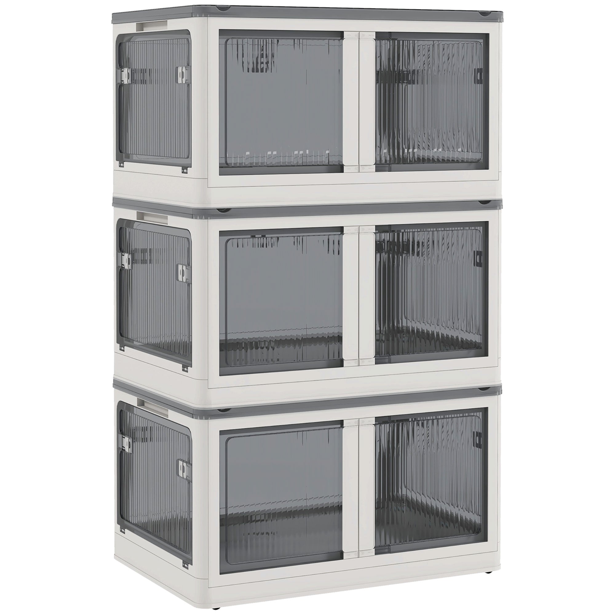 Boîtes de rangement pliables et empilables 69L en plastique, caisses rangement 3 cubes avec couvercle et 4 roulettes, accès à 5 côtés, pour jouets et livres, blanc