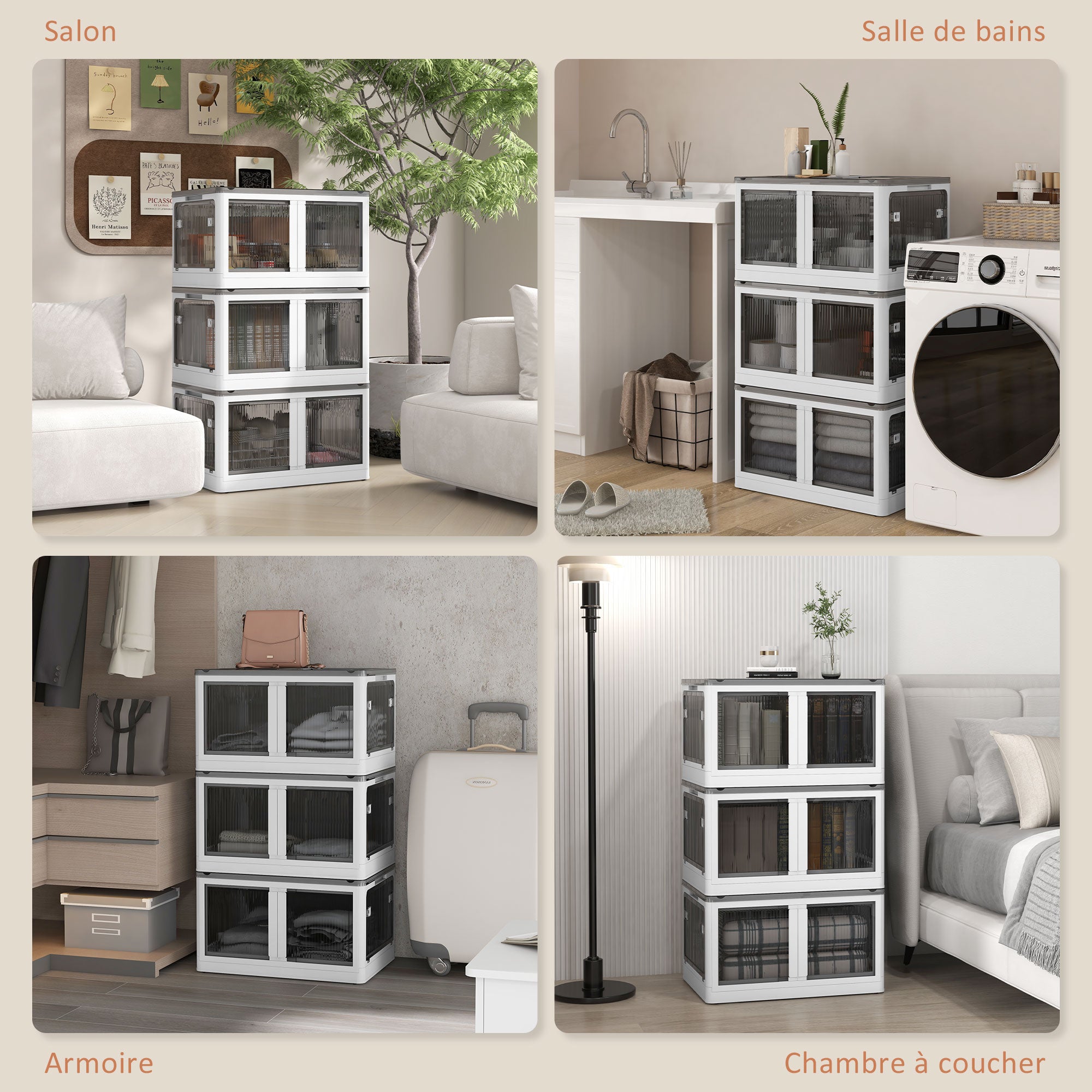 Boîtes de rangement pliables et empilables 69L en plastique, caisses rangement 3 cubes avec couvercle et 4 roulettes, accès à 5 côtés, pour jouets et livres, blanc