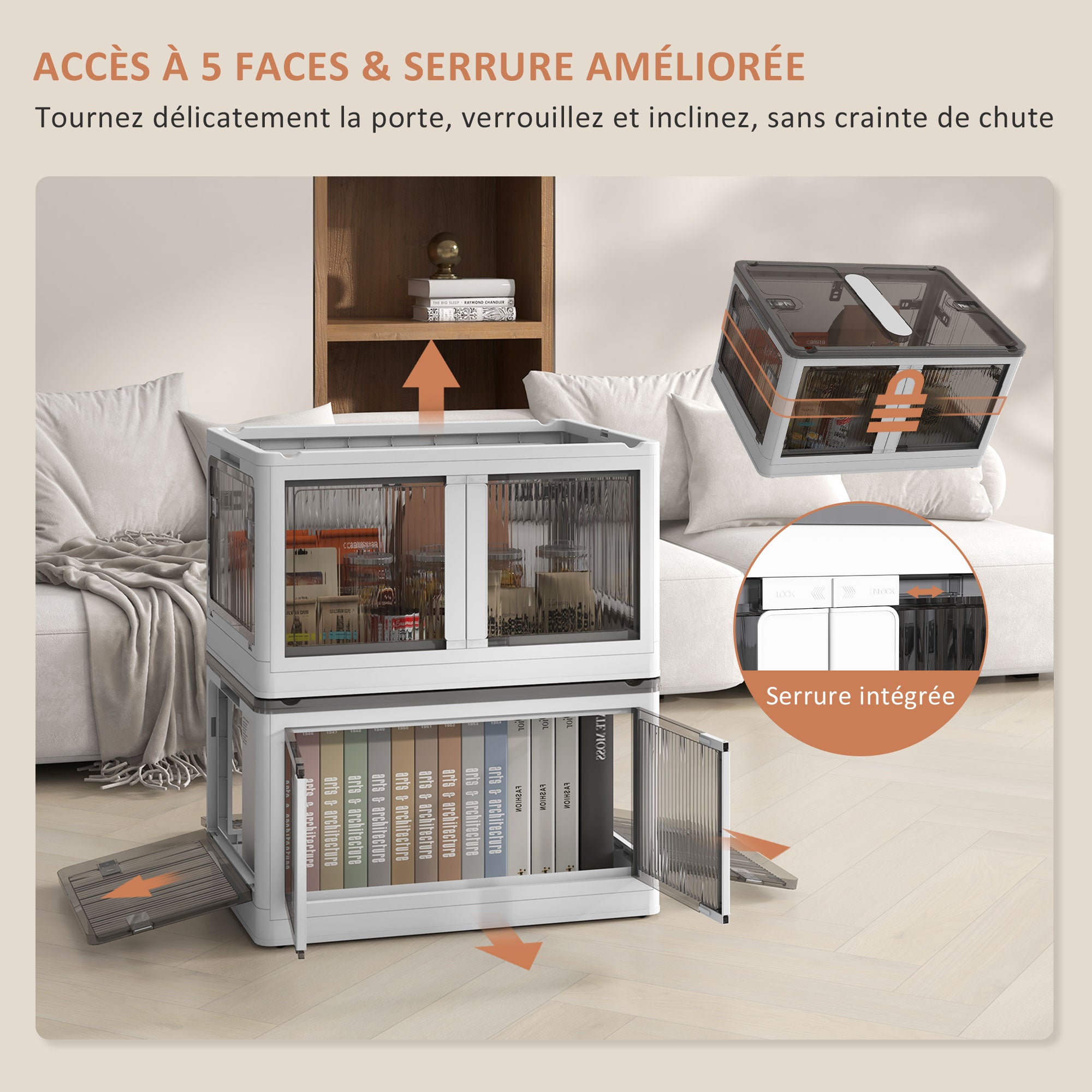 Boîtes de rangement pliables et empilables 69L en plastique, caisses rangement 3 cubes avec couvercle et 4 roulettes, accès à 5 côtés, pour jouets et livres, blanc