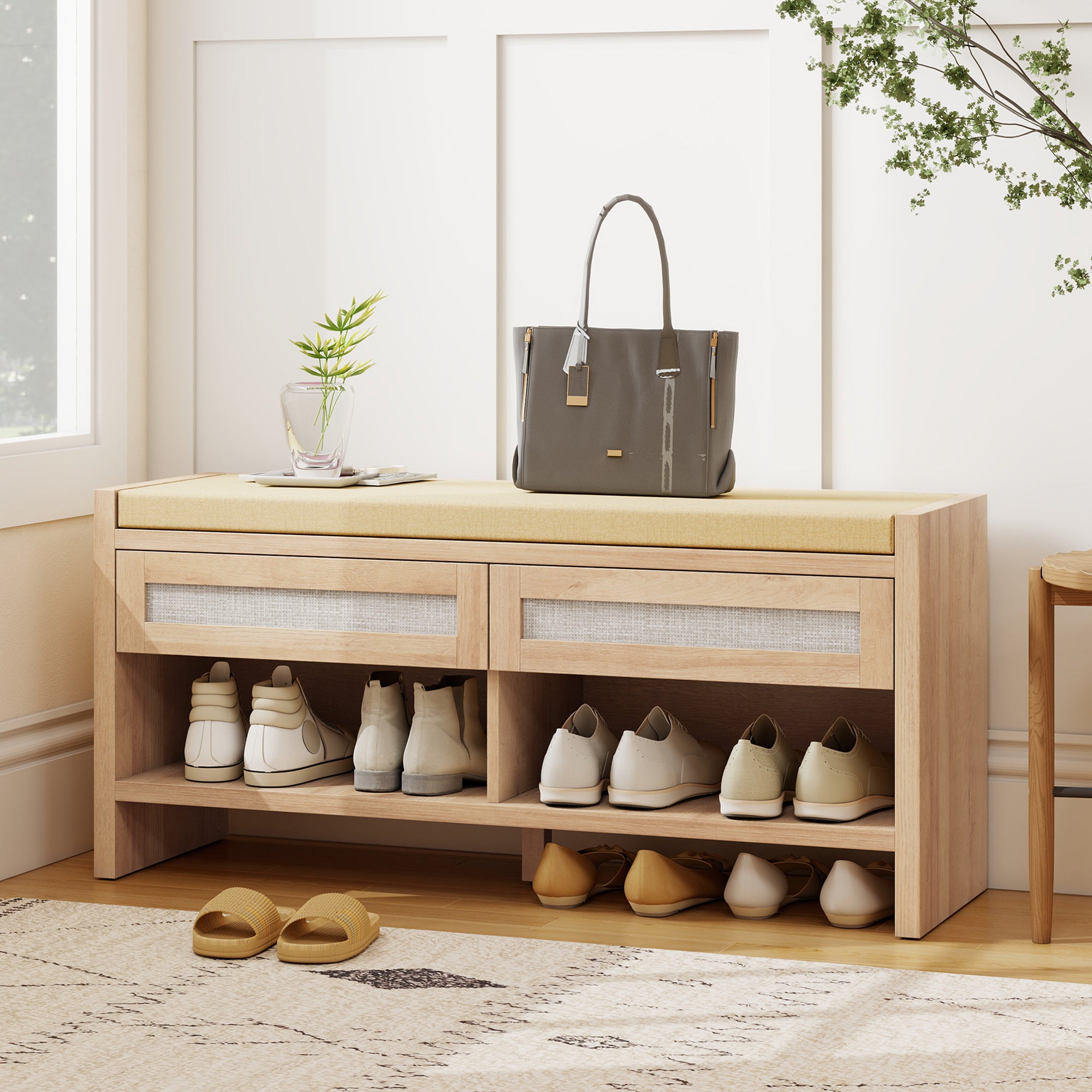 Banc chaussures entrée, banc de rangement, assise rembourrée en lin, 2 tiroirs en rotin et étagère ouverte, style bohème, pour entrée, couloir, 108 x 35 x 50 cm, chêne et marron clair