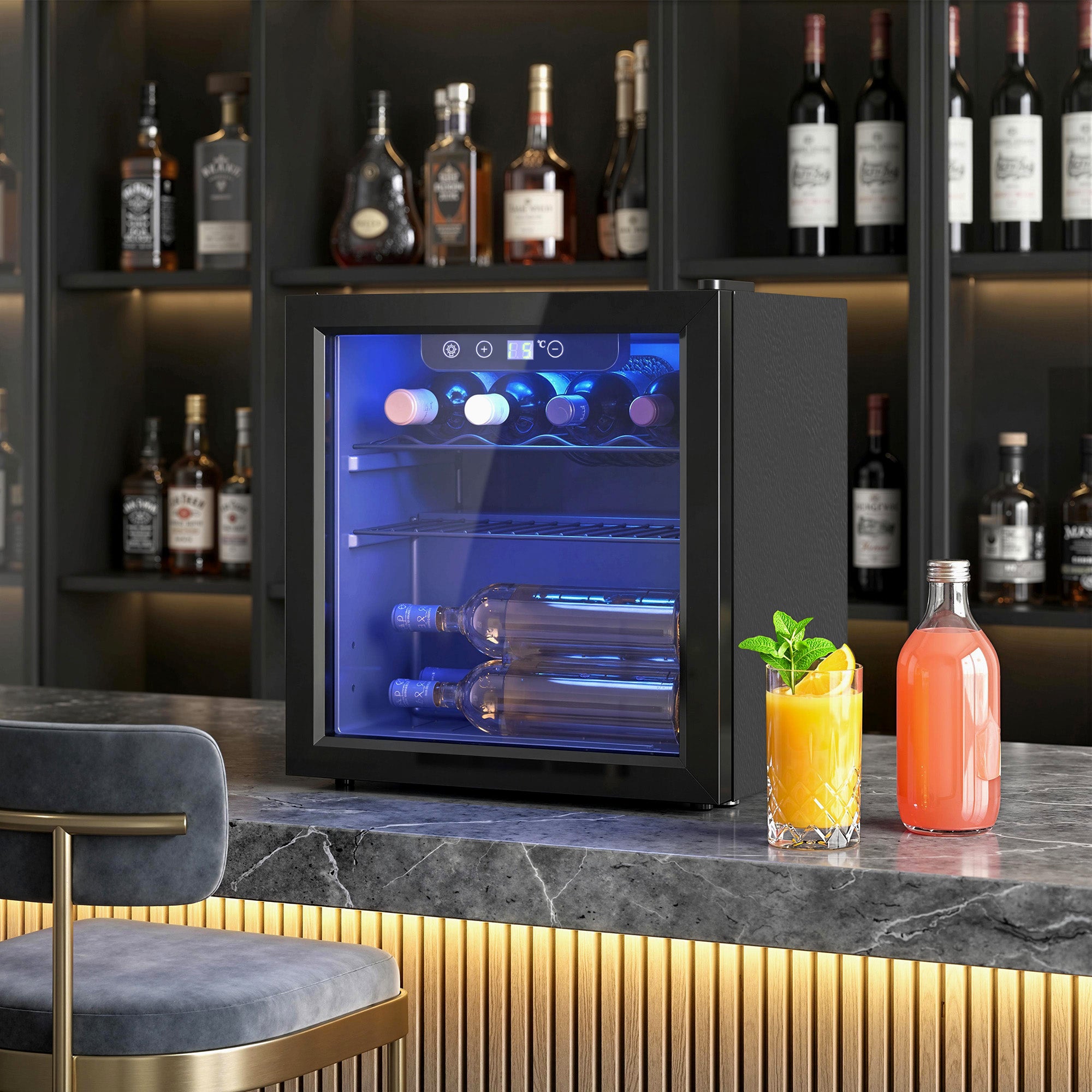 Cave à vin 12 bouteilles 36L, réfrigérateur à vin et boissons avec température réglable 4-16 °C, porte réversible en verre trempé double, éclairage LED et étagère amovible, noir