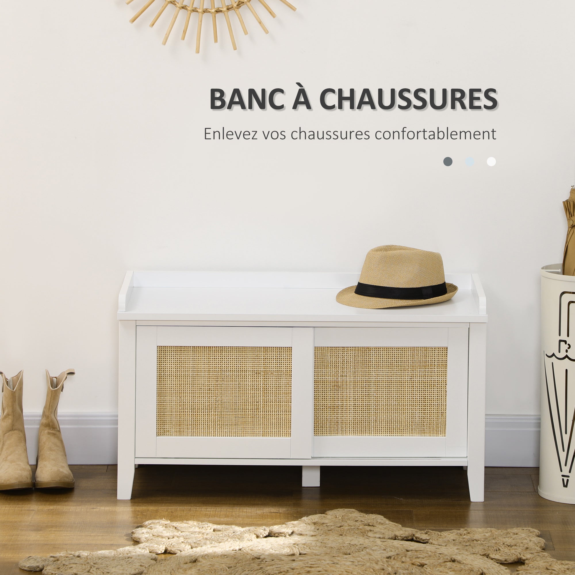 Banc à chaussures meuble de rangement avec étagère sur pieds 2 placards avec façades cannage blanc