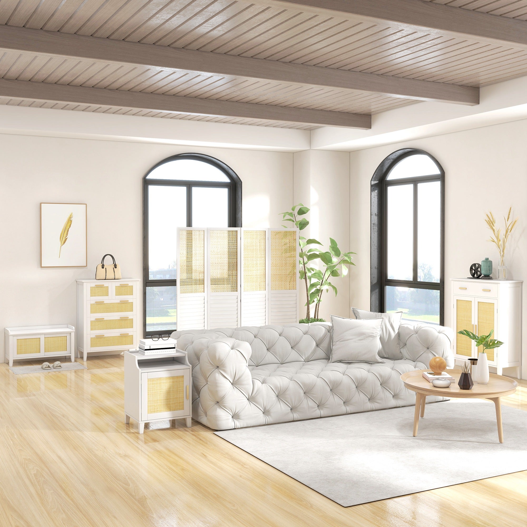 Banc à chaussures meuble de rangement avec étagère sur pieds 2 placards avec façades cannage blanc