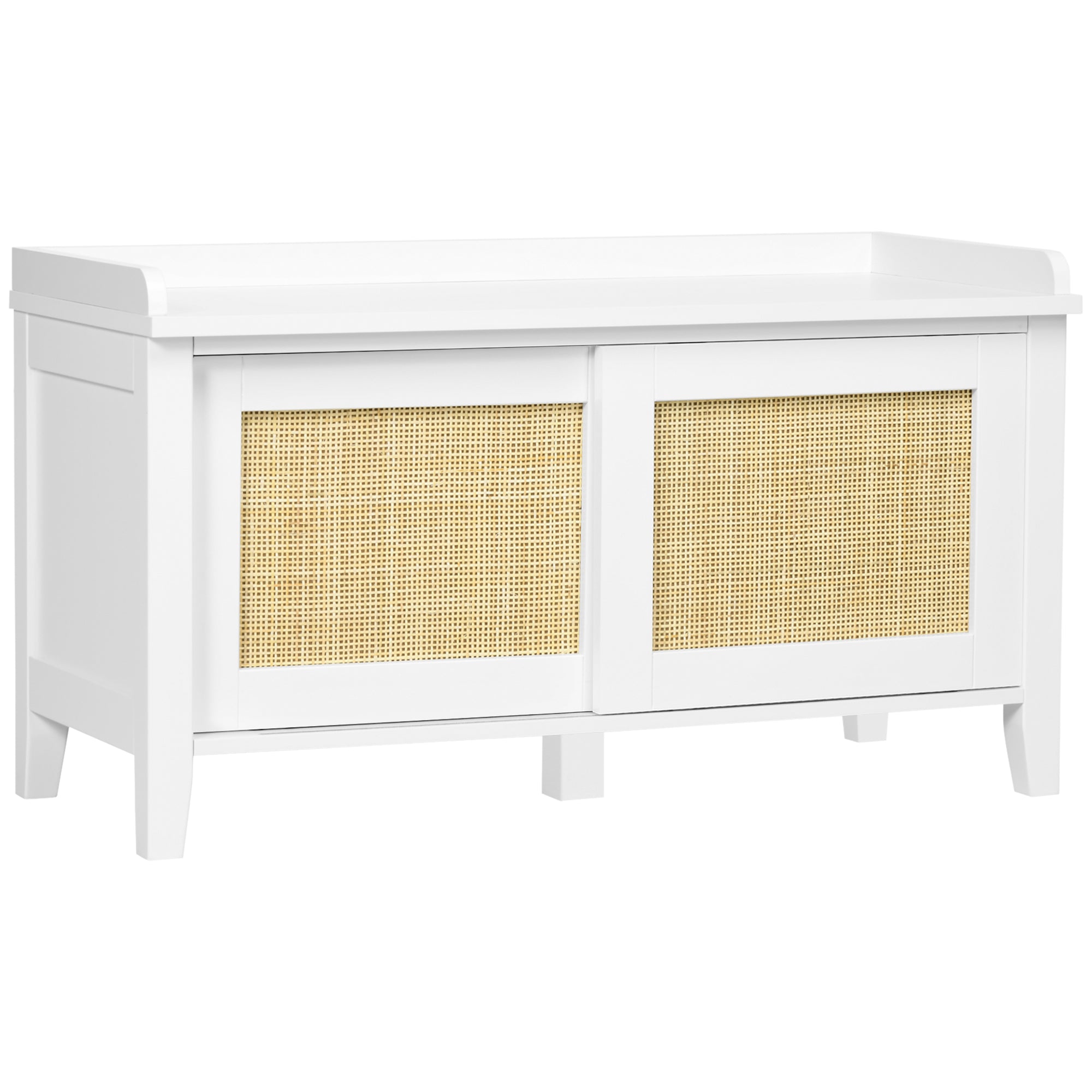 Banc à chaussures meuble de rangement avec étagère sur pieds 2 placards avec façades cannage blanc
