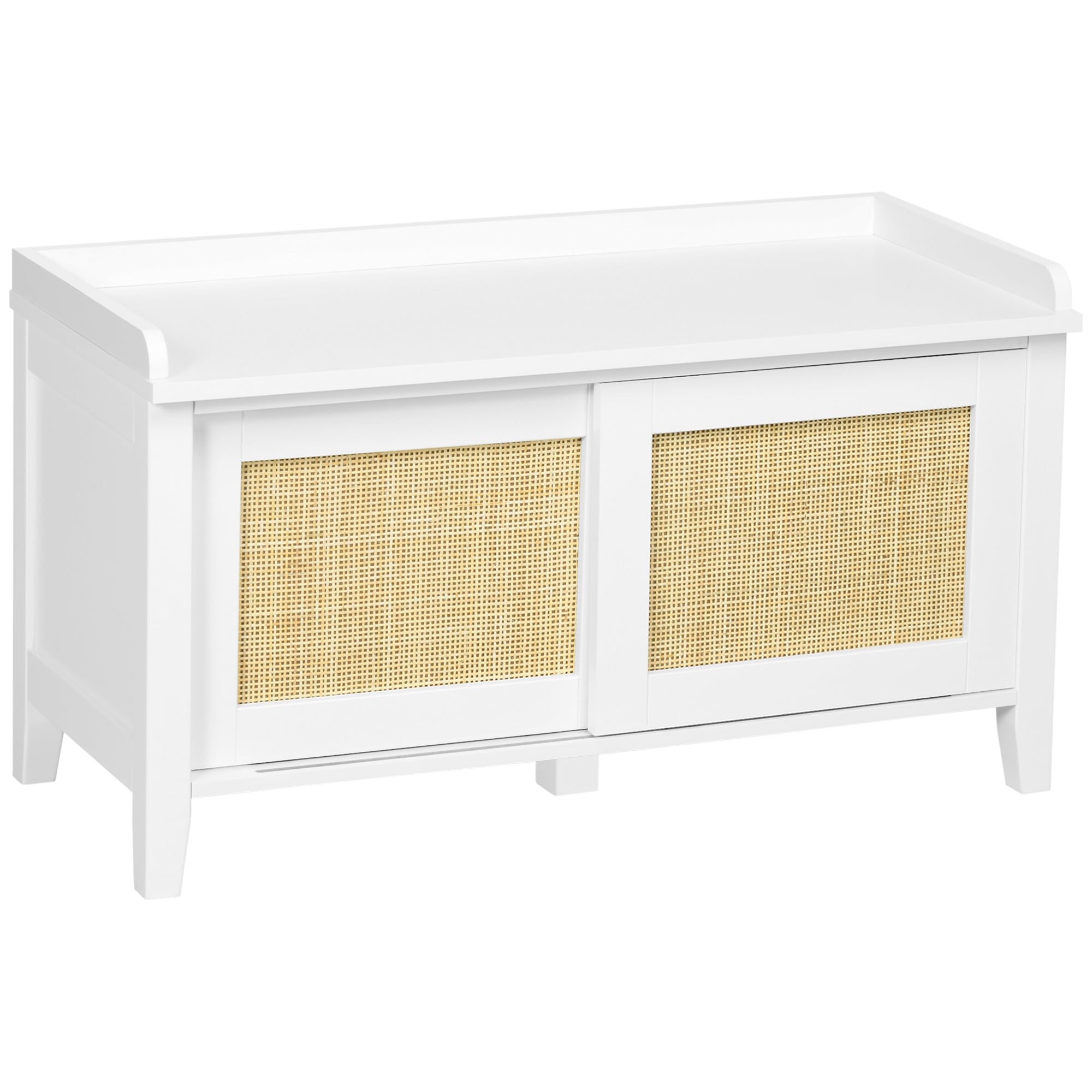 Banc à chaussures meuble de rangement avec étagère sur pieds 2 placards avec façades cannage blanc
