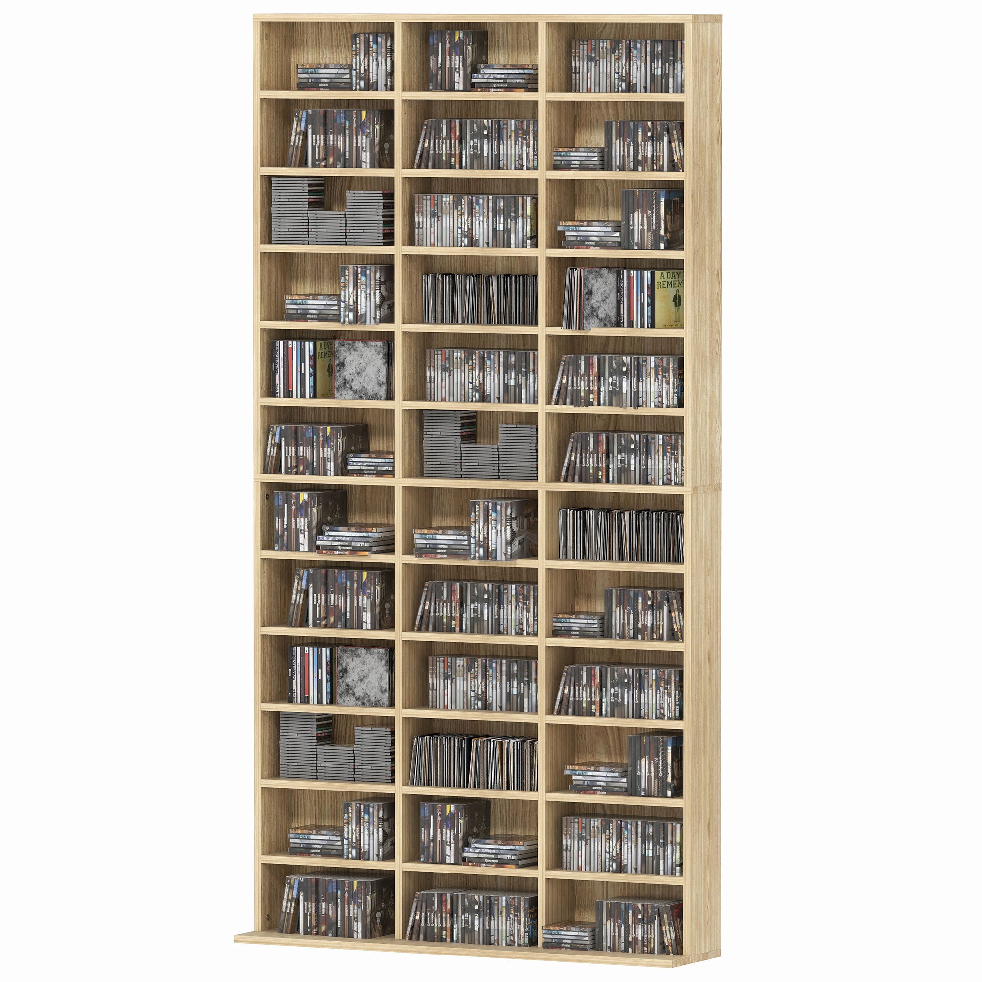 Rangements pour CD et DVD, étagère rangement, capacité max. 1116 CD/528 DVD, 36 compartiments et étagères réglables, pour bureau, salon, chambre, 102 x 23,5 x 195 cm, chêne