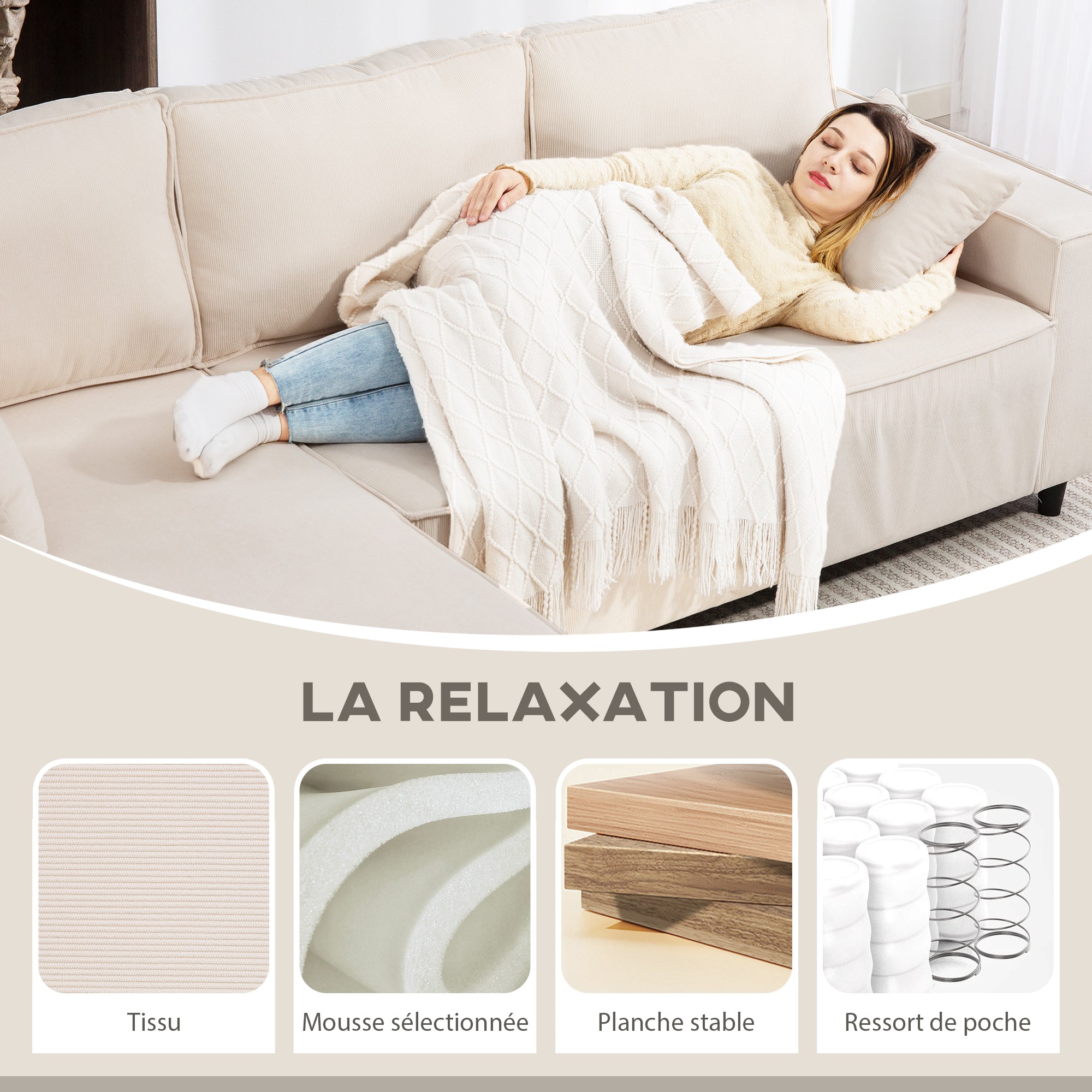 Canapé d'angle réversible velours côtelé, 241x153x83cm, canapé 3 places en L avec coussin à ressorts, charge 450Kg, style moderne, pour salon, chambre, crème