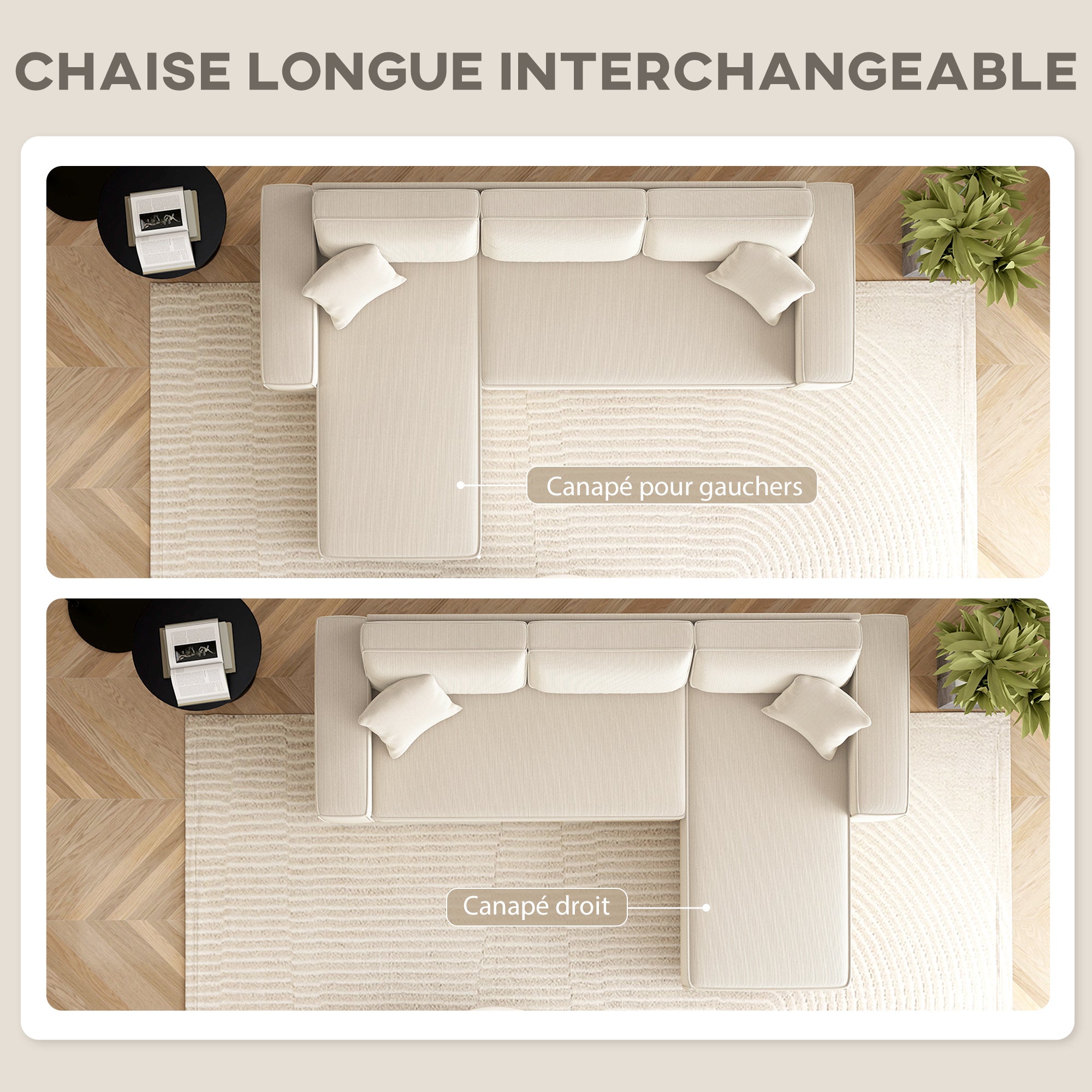 Canapé d'angle réversible velours côtelé, 241x153x83cm, canapé 3 places en L avec coussin à ressorts, charge 450Kg, style moderne, pour salon, chambre, crème