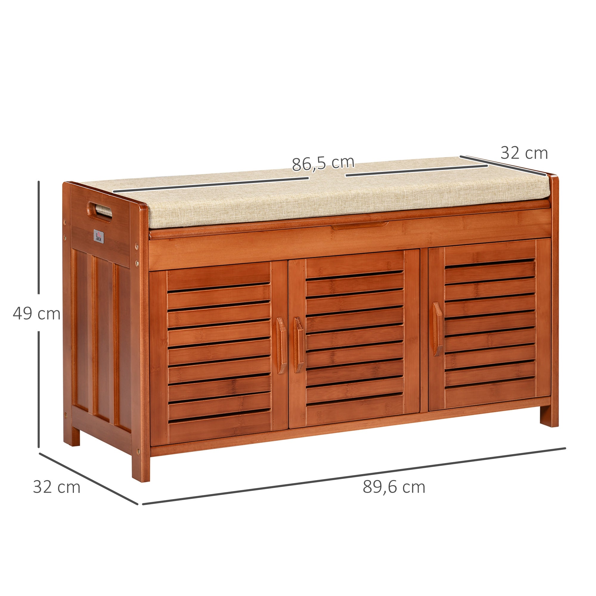 Banc à chaussures meuble à chaussures banc d'entrée de rangement en bambou avec 3 placards, coussin d'assise et compartiment caché, pour couloir, chambre, 89,6 x 32 x 49 cm, marron