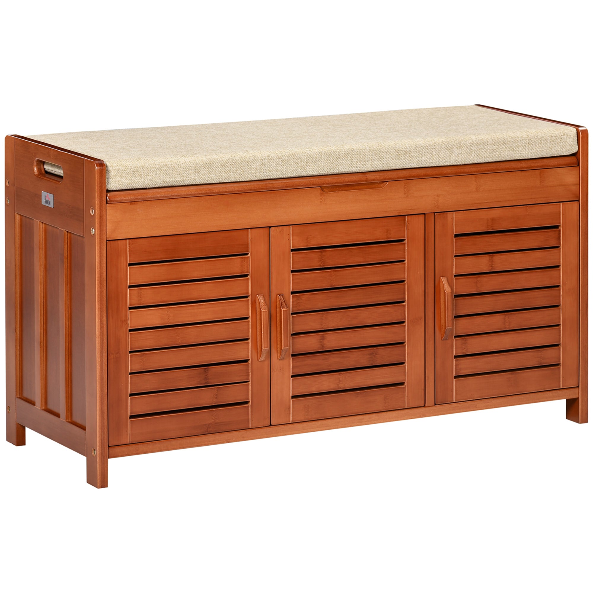 Banc à chaussures meuble à chaussures banc d'entrée de rangement en bambou avec 3 placards, coussin d'assise et compartiment caché, pour couloir, chambre, 89,6 x 32 x 49 cm, marron