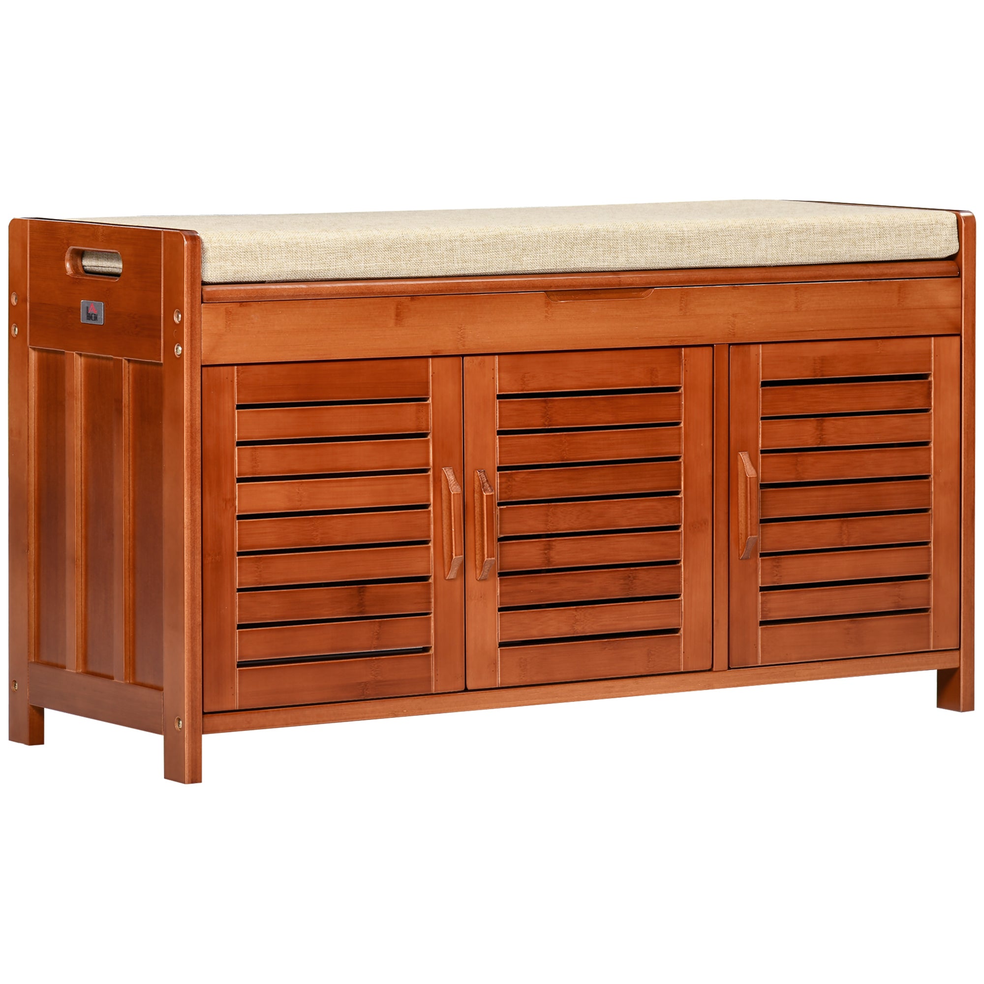 Banc à chaussures meuble à chaussures banc d'entrée de rangement en bambou avec 3 placards, coussin d'assise et compartiment caché, pour couloir, chambre, 89,6 x 32 x 49 cm, marron