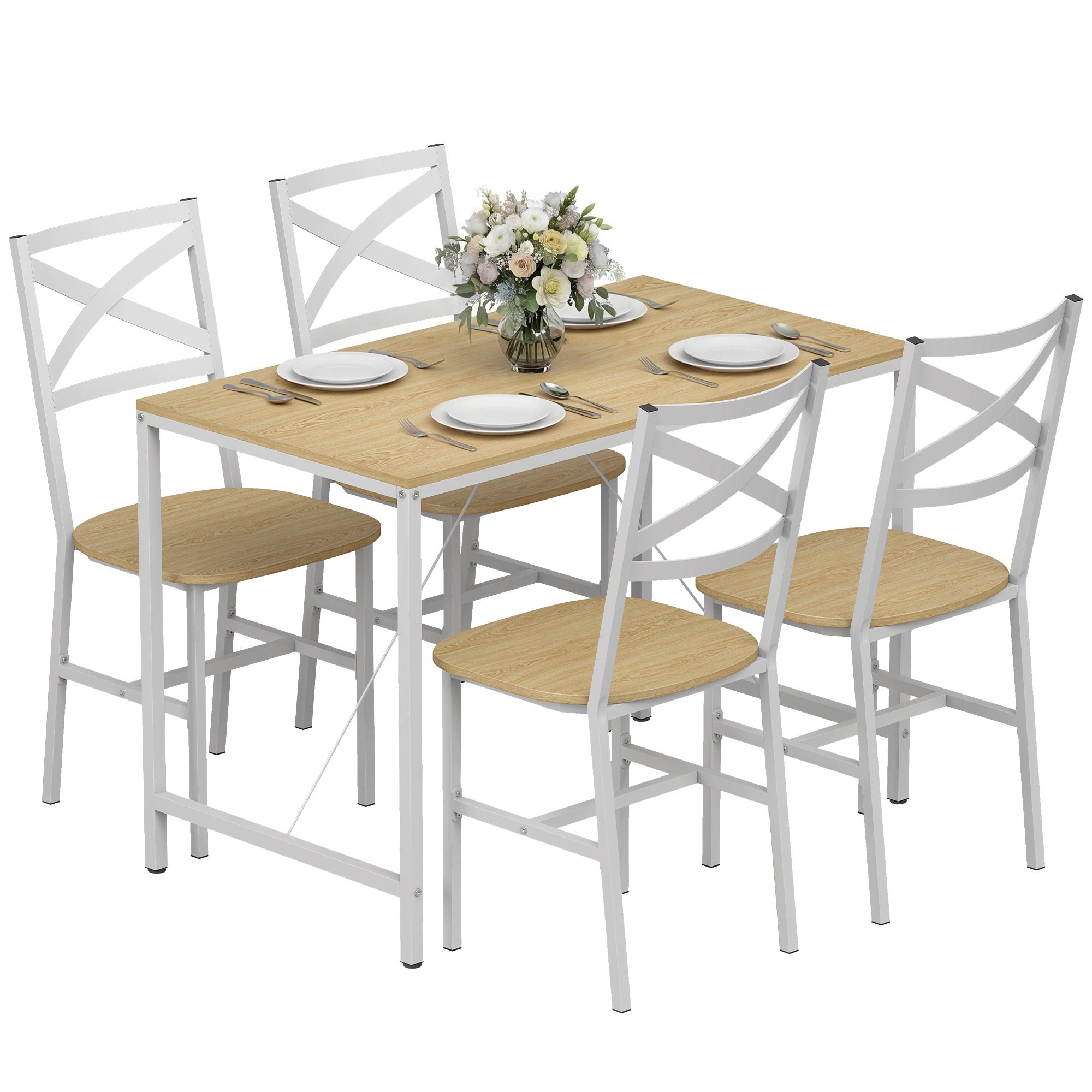 Ensemble Table Salle à Manger avec 4 Chaises, Table de Cuisine avec Chaises pour 4 Personnes, Plateau 108x60cm, Style Nordique, Cadre en Acier, pour Salon, Petit Espace, Bois Naturel et Blanc