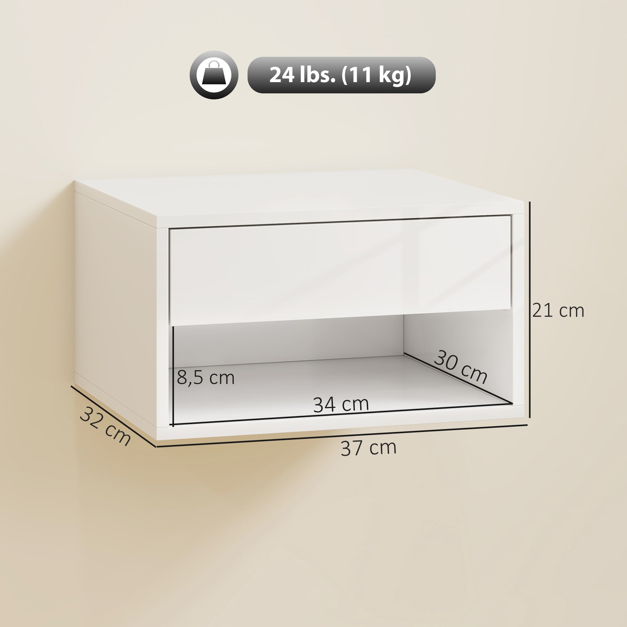 Lot de 2 tables de chevet murales, tables de nuit suspendues avec tiroir coulissant, compartiment ouvert, plateau, style moderne, 37 x 32 x 21 cm, blanc