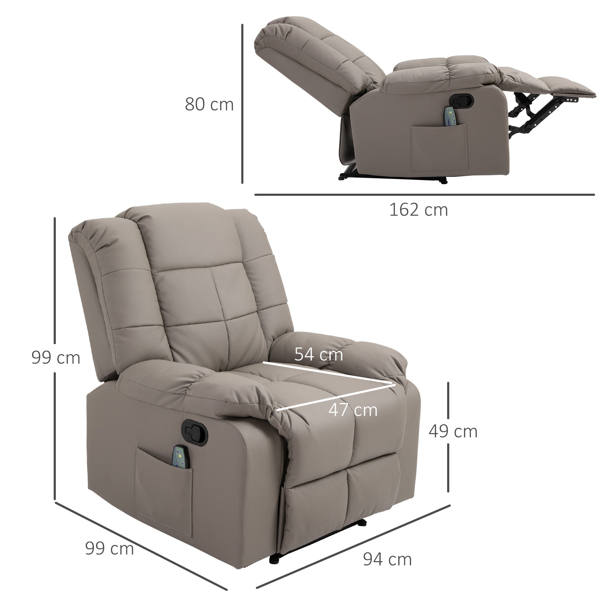Fauteuil de massage fauteuil de relaxation massant avec dossier inclinable manuellement et repose-pied fauteuil TV revêtement synthétique télécommande incluse gris