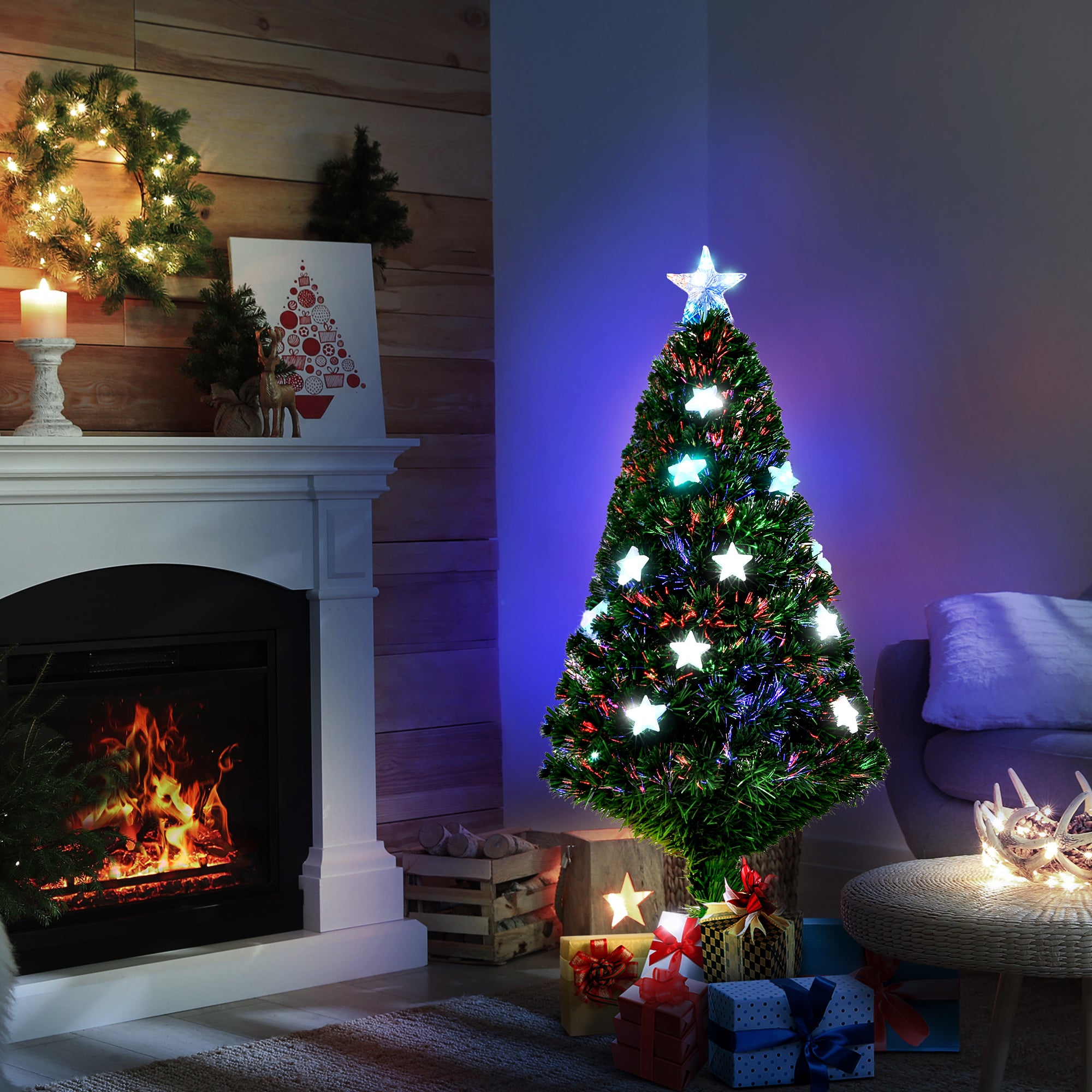 Sapin de Noël artificiel lumineux 120 cm 16 lumières LED fibres optiques lumineux multicolores 130 branches PVC étoile sommet brillante vert