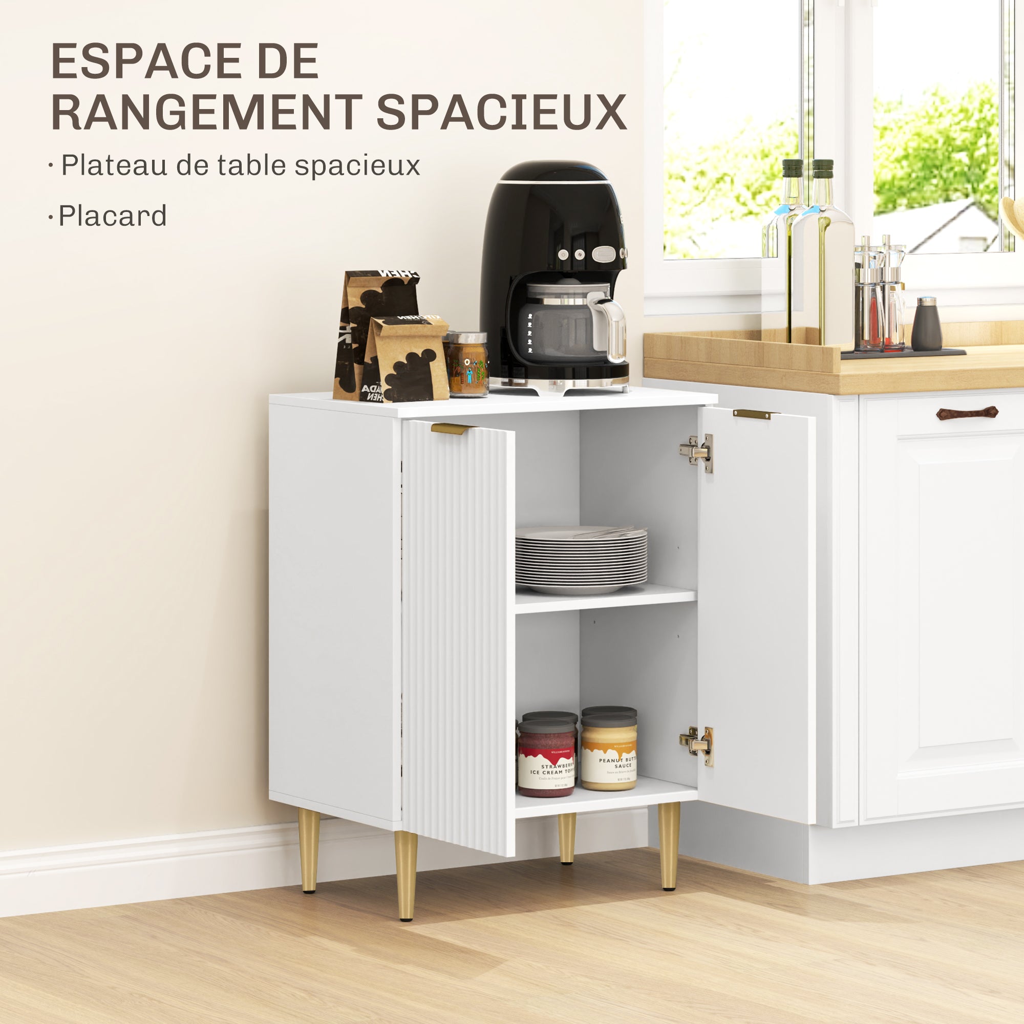 Buffet cuisine, meuble de rangement, avec 2 portes, étagère réglable, pieds métalliques surélevés, pour cuisine, salon, 60 x 40 x 80 cm, blanc