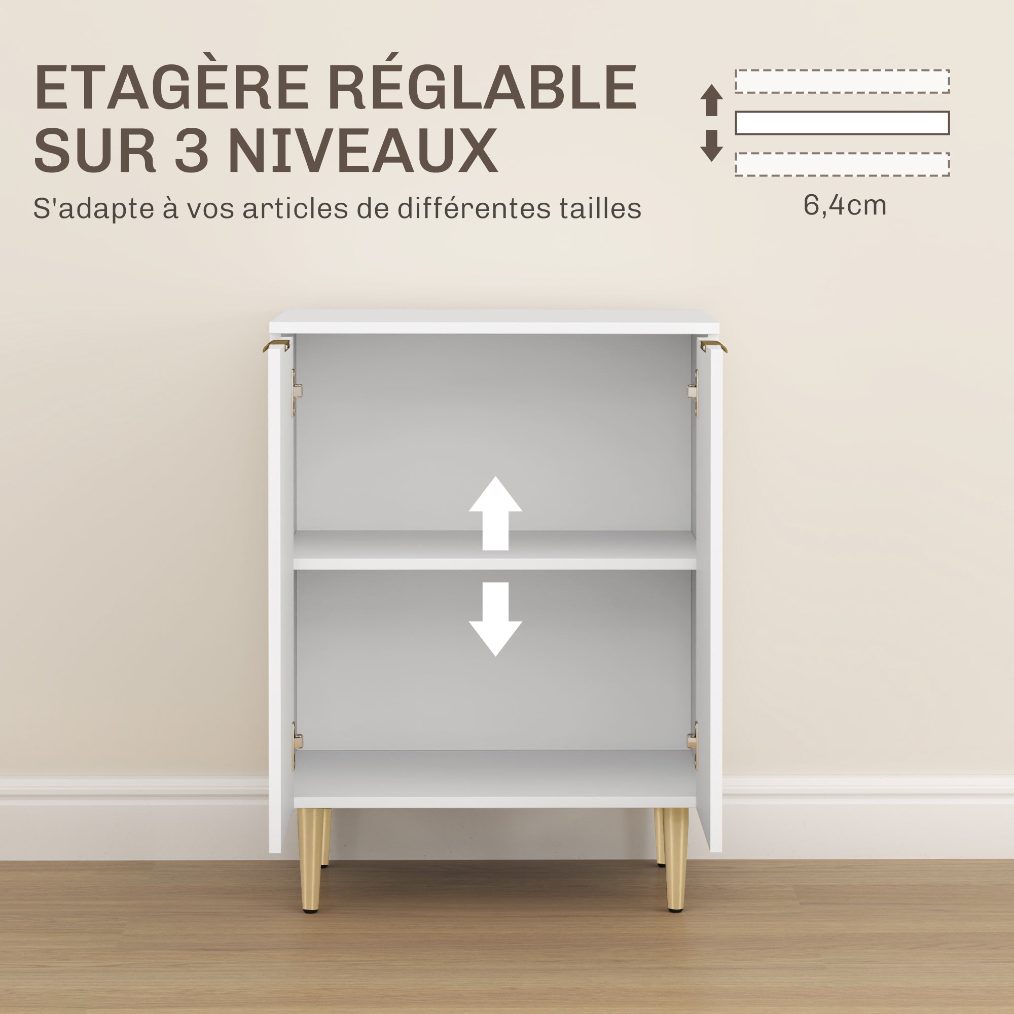 Buffet cuisine, meuble de rangement, avec 2 portes, étagère réglable, pieds métalliques surélevés, pour cuisine, salon, 60 x 40 x 80 cm, blanc