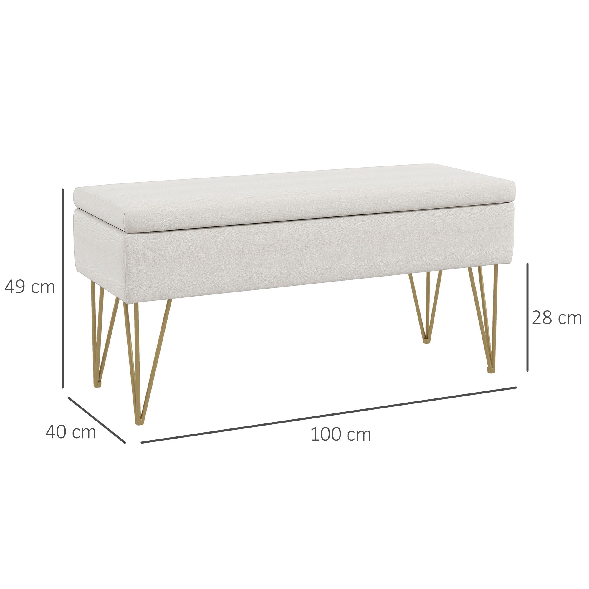 Banc bout de lit banquette coffre de rangement 2 en 1 en tissu aspect lin avec pieds épingle en acier doré 100 x 40 x 49 cm crème