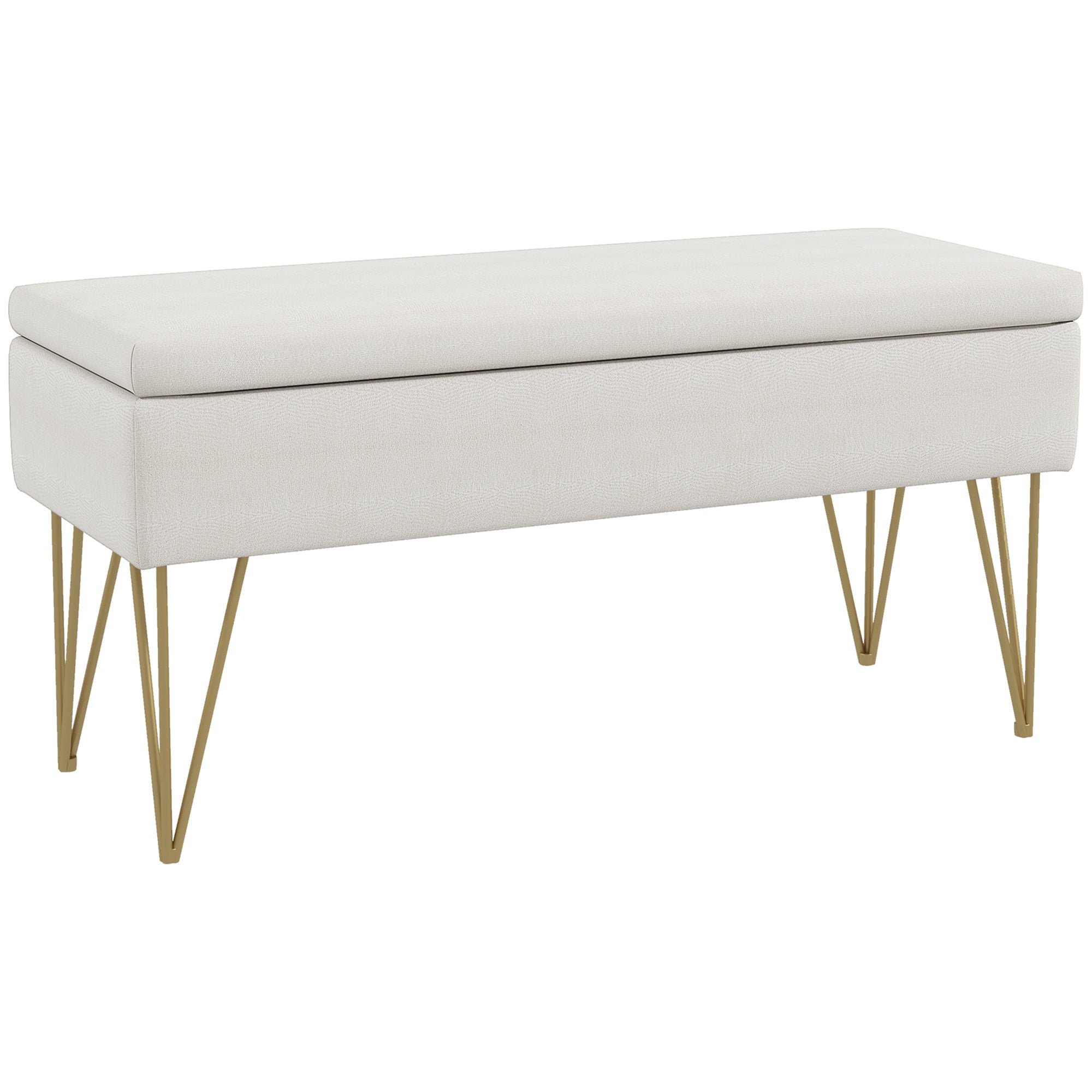 Banc bout de lit banquette coffre de rangement 2 en 1 en tissu aspect lin avec pieds épingle en acier doré 100 x 40 x 49 cm crème