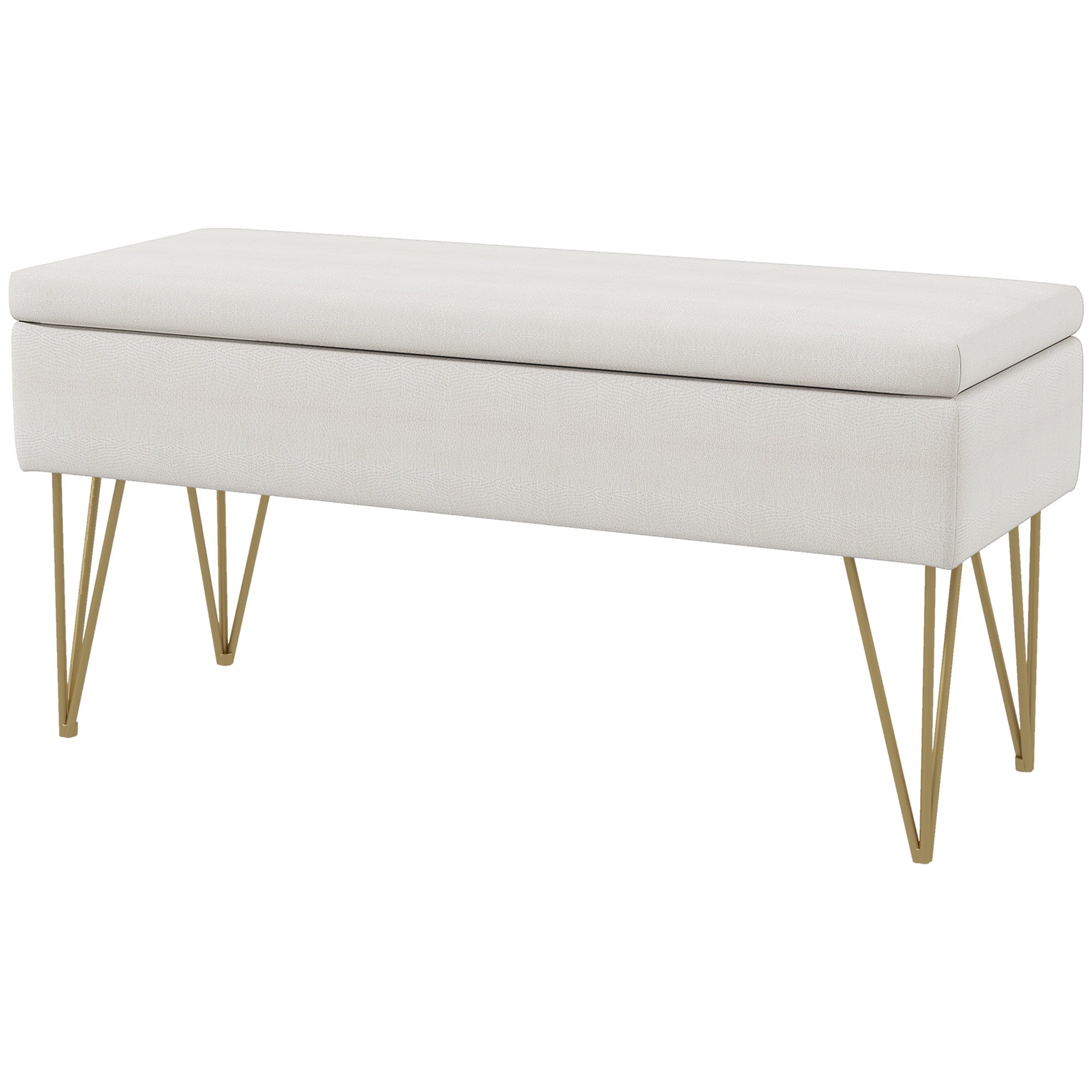 Banc bout de lit banquette coffre de rangement 2 en 1 en tissu aspect lin avec pieds épingle en acier doré 100 x 40 x 49 cm crème