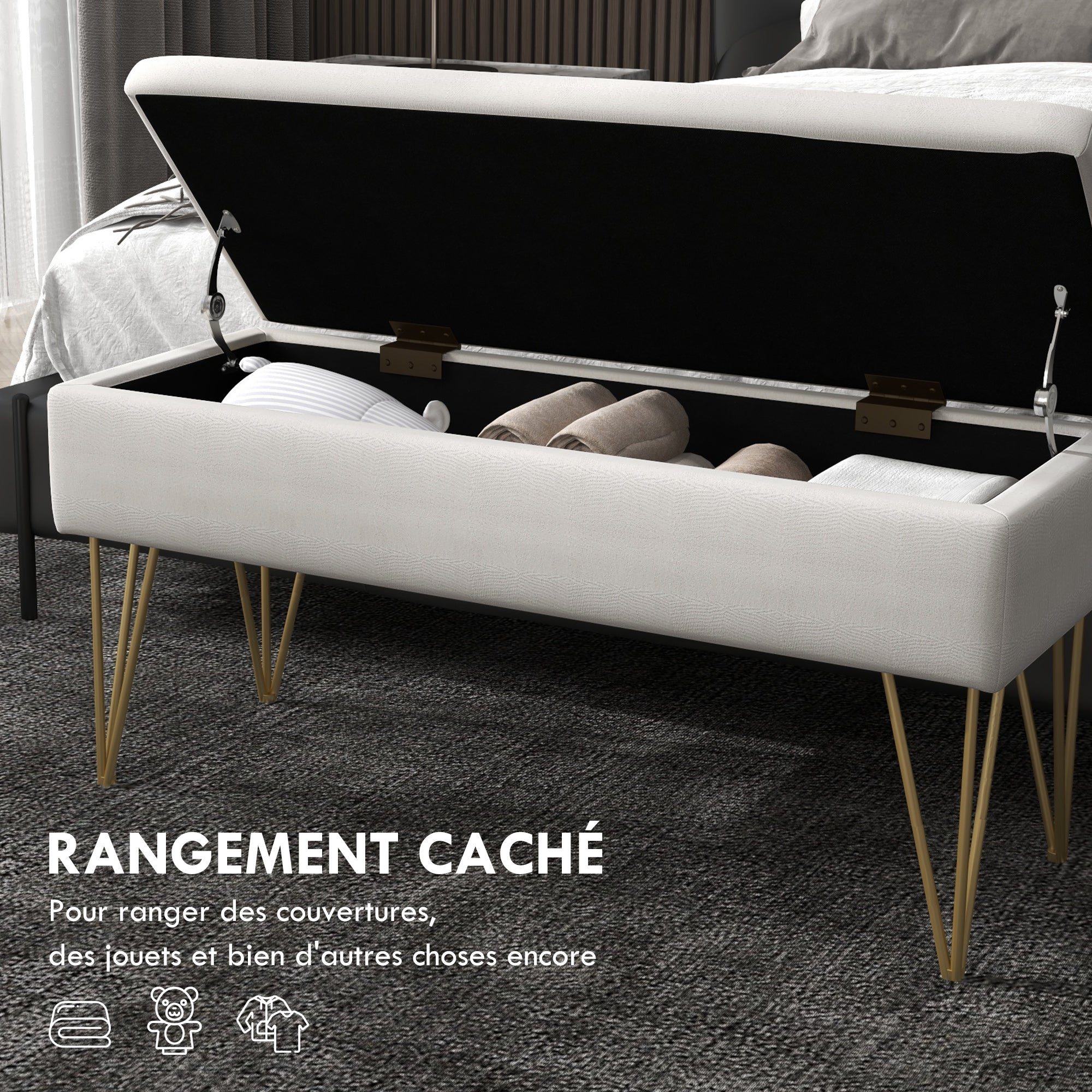 Banc bout de lit banquette coffre de rangement 2 en 1 en tissu aspect lin avec pieds épingle en acier doré 100 x 40 x 49 cm crème