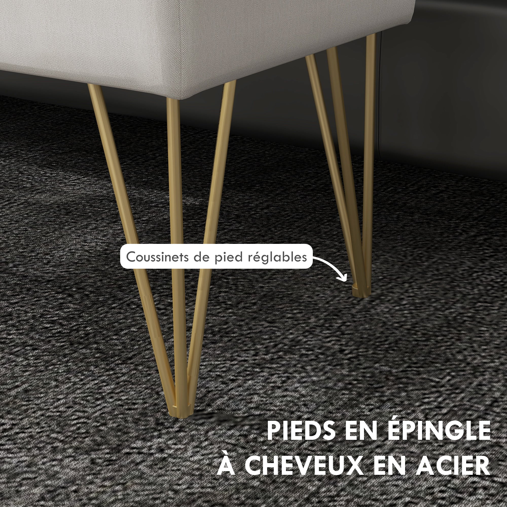 Banc bout de lit banquette coffre de rangement 2 en 1 en tissu aspect lin avec pieds épingle en acier doré 100 x 40 x 49 cm crème