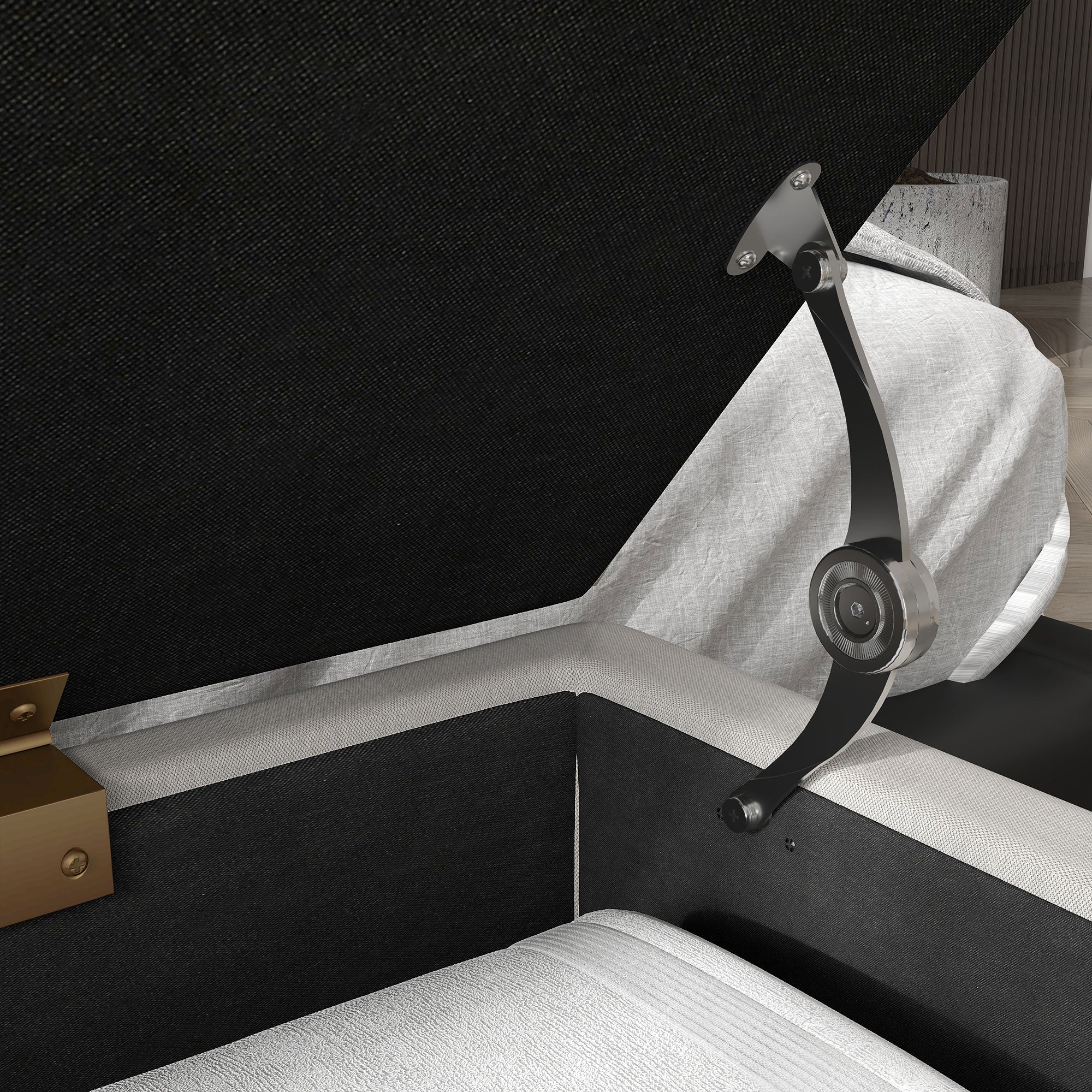 Banc bout de lit banquette coffre de rangement 2 en 1 en tissu aspect lin avec pieds épingle en acier doré 100 x 40 x 49 cm crème