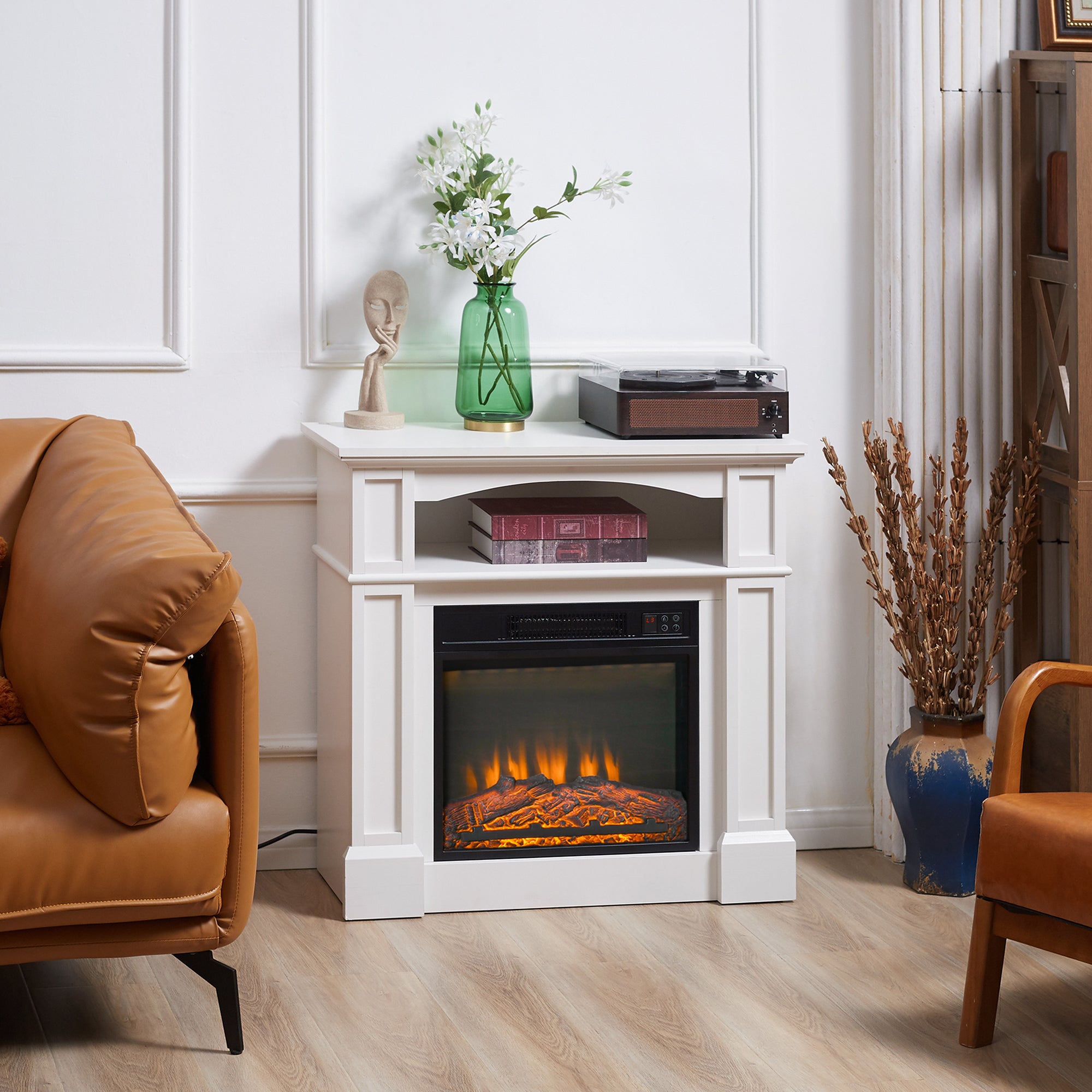 Cheminée électrique effet flammes LED luminosité réglable avec télécommande - 1800 W - 80,5 x 32,3 x 80,5 cm