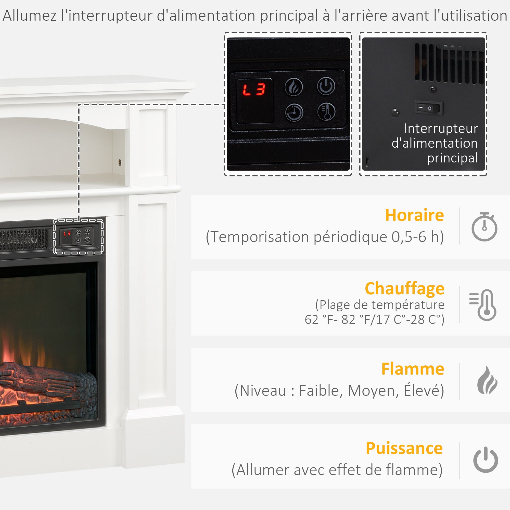 Cheminée électrique effet flammes LED luminosité réglable avec télécommande - 1800 W - 80,5 x 32,3 x 80,5 cm