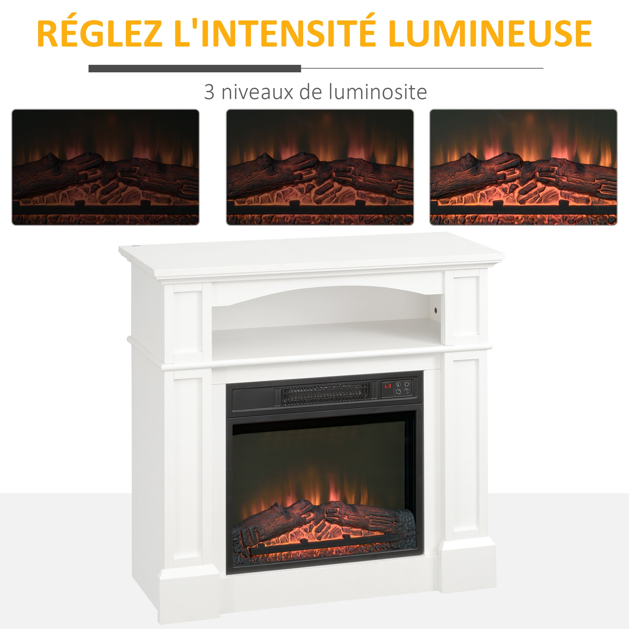 Cheminée électrique effet flammes LED luminosité réglable avec télécommande - 1800 W - 80,5 x 32,3 x 80,5 cm