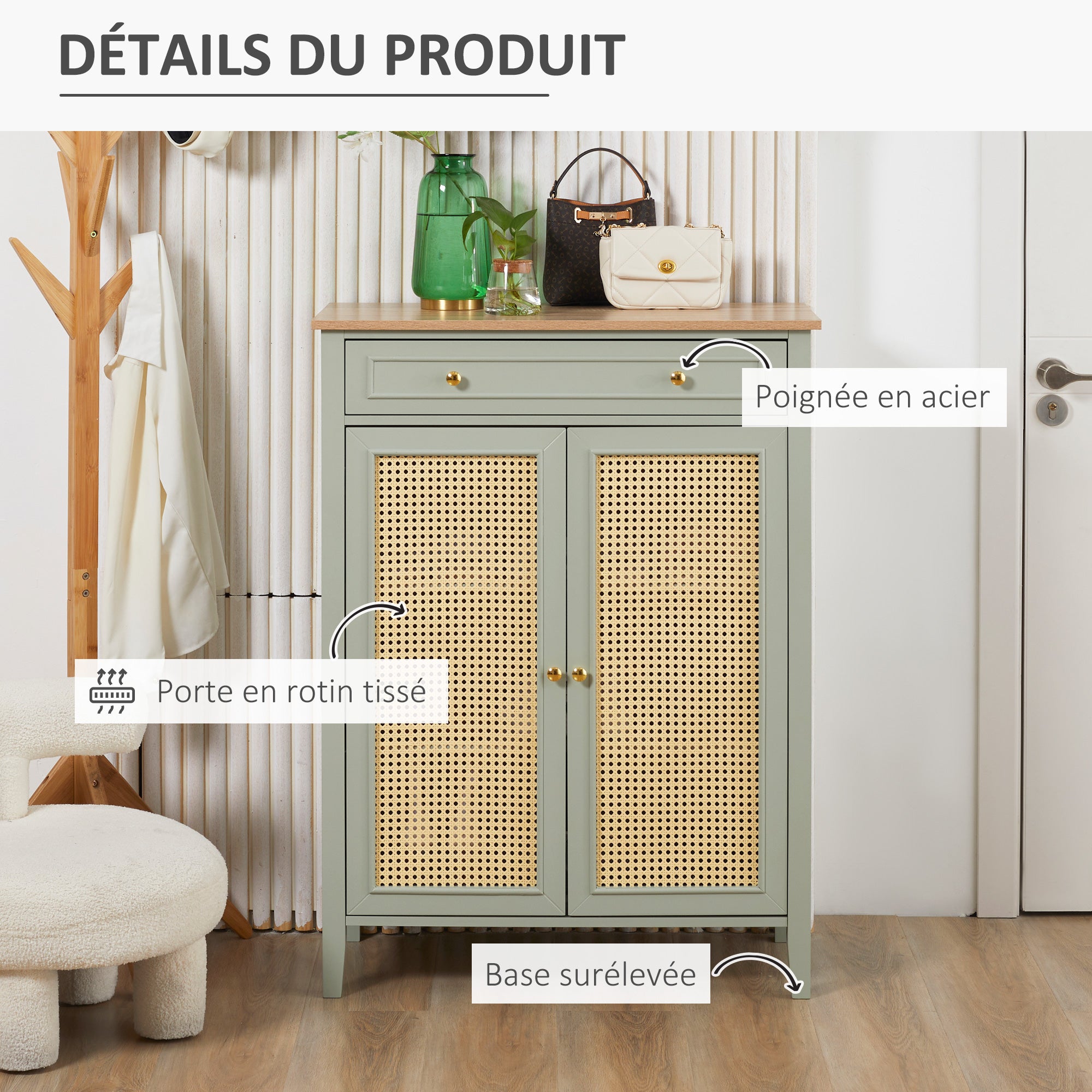 Meuble à chaussures meuble de rangement à chaussures meuble d'entrée avec 2 portes effet cannage tiroir 80 x 40 x 110 cm