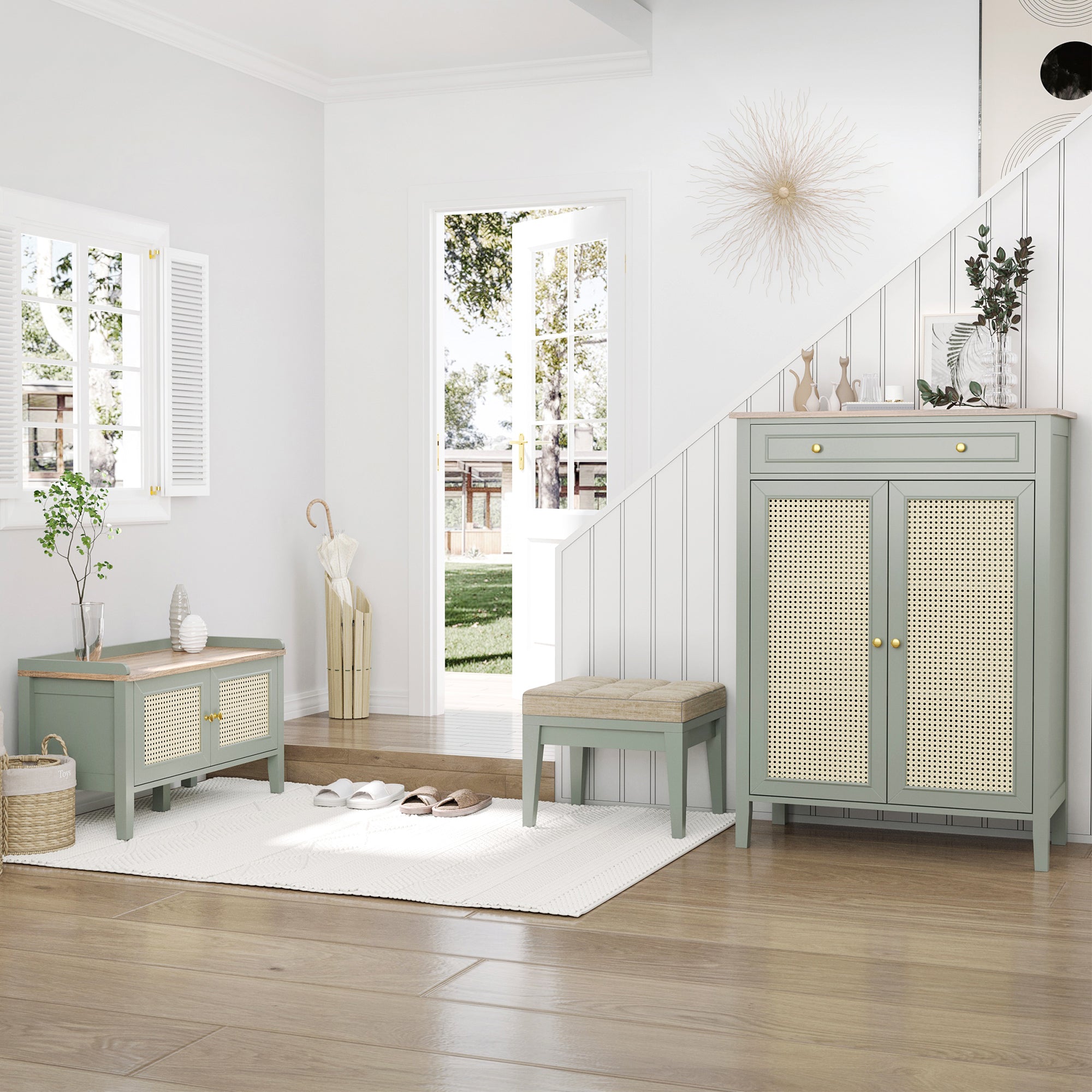 Meuble à chaussures meuble de rangement à chaussures meuble d'entrée avec 2 portes effet cannage tiroir 80 x 40 x 110 cm