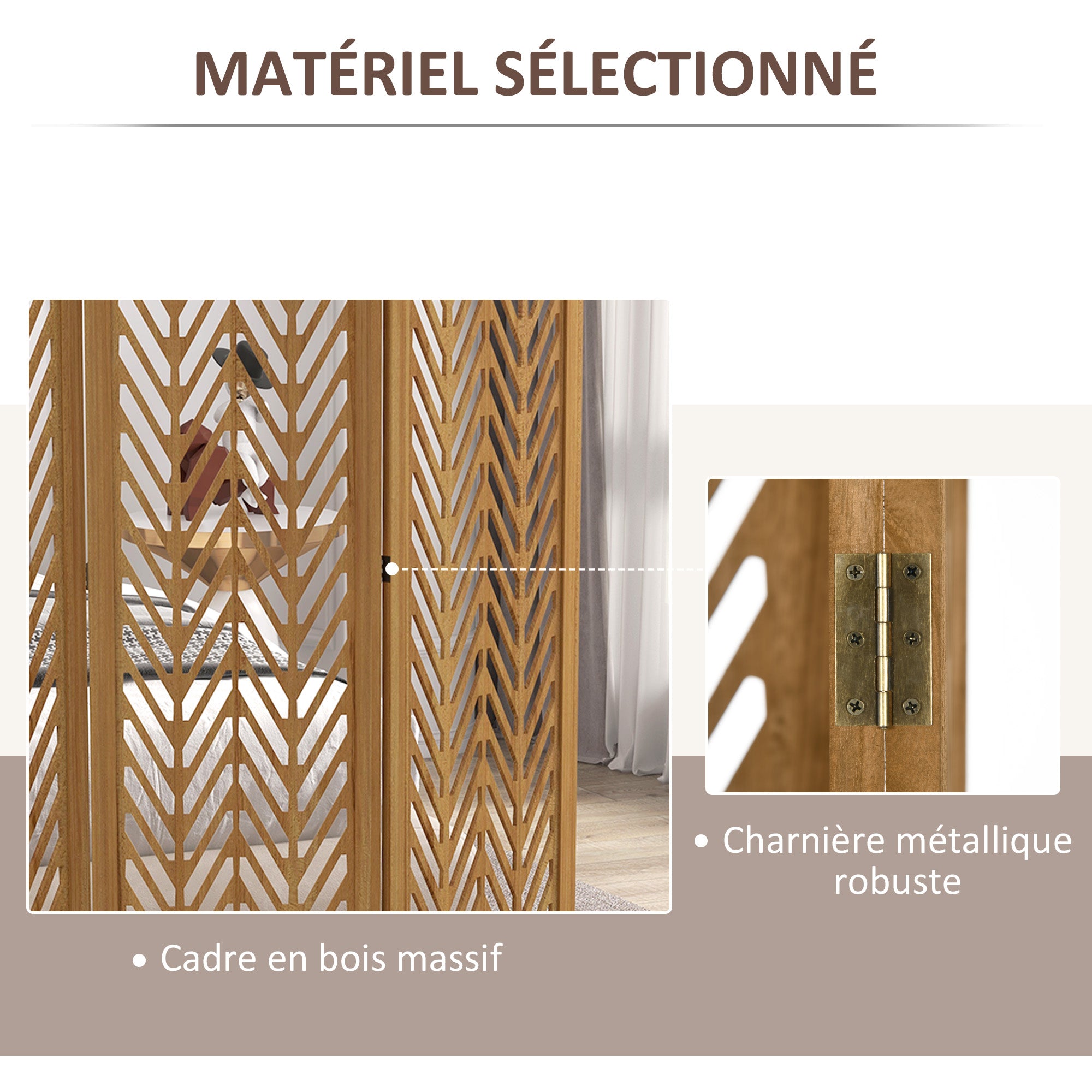 Paravent en bois ajouré séparateur de pièce closion intérieur pliable 3 panneaux en bois 120 x 170 cm naturel
