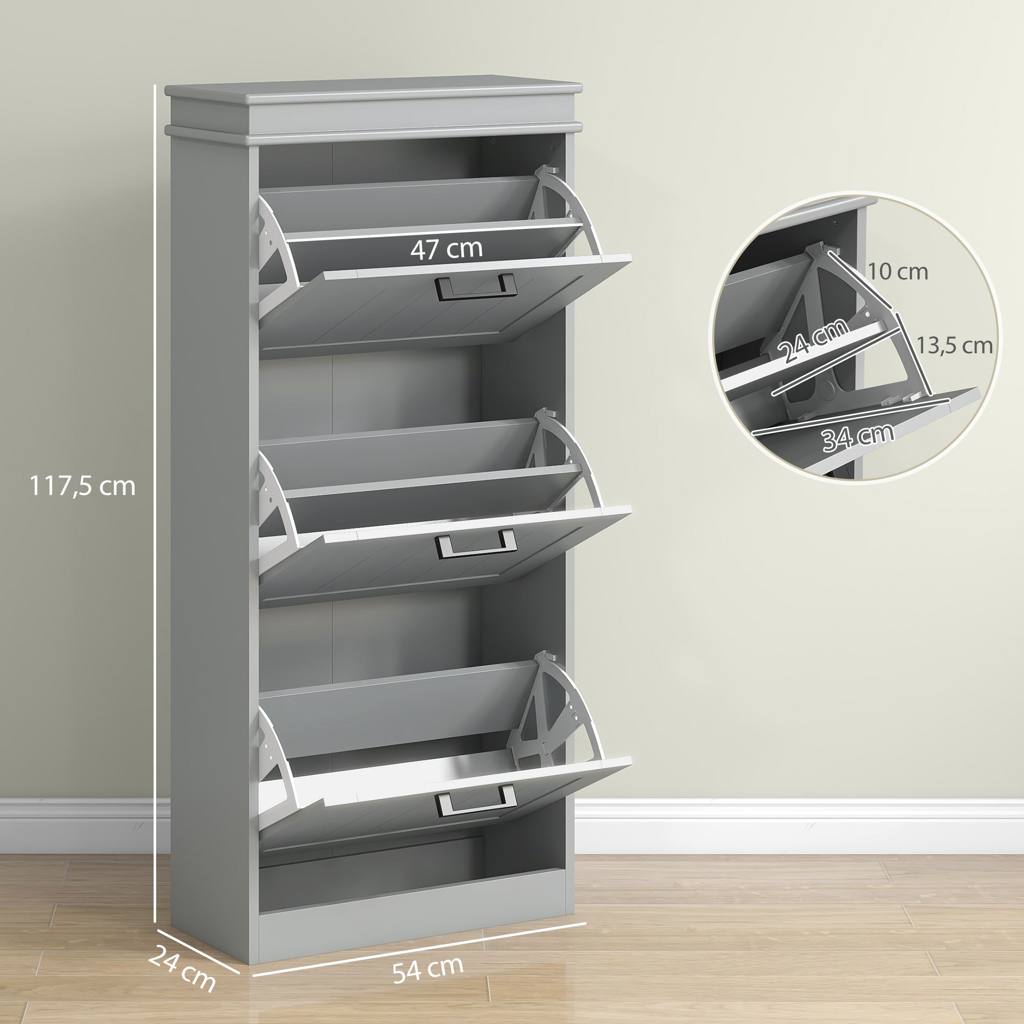 Meuble à chaussures 15 paires, armoire à chaussures étroite moderne avec 3 tiroirs rabattables et étagères réglables, pour couloir et entrée, 54 x 24 x 117,5 cm, gris