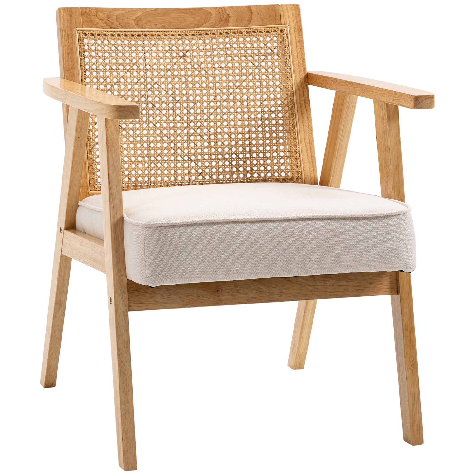 Fauteuil de salon confortable Chaise en Rotin avec Coussin épais- Dossier en cannage - Assise Profonde  - Structure en Bois hévéa Aspect Lin Beige