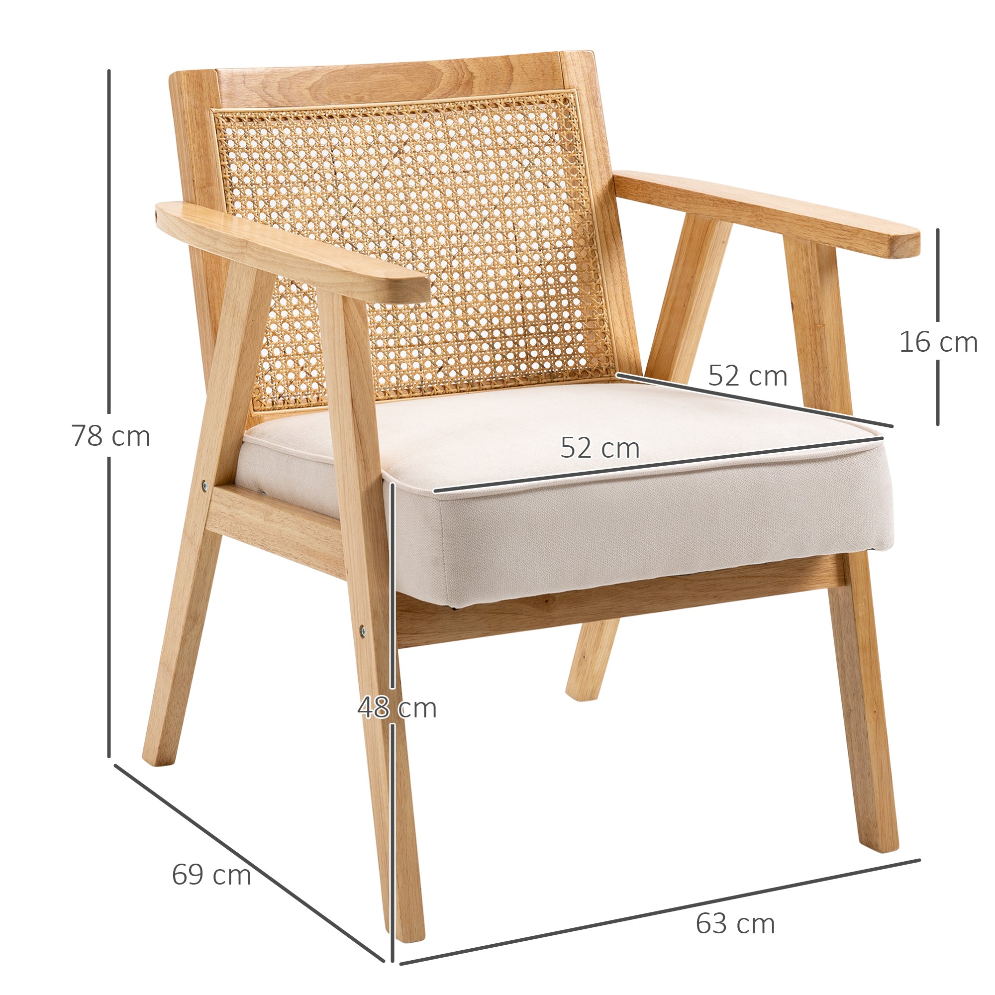 Fauteuil de salon confortable Chaise en Rotin avec Coussin épais- Dossier en cannage - Assise Profonde  - Structure en Bois hévéa Aspect Lin Beige
