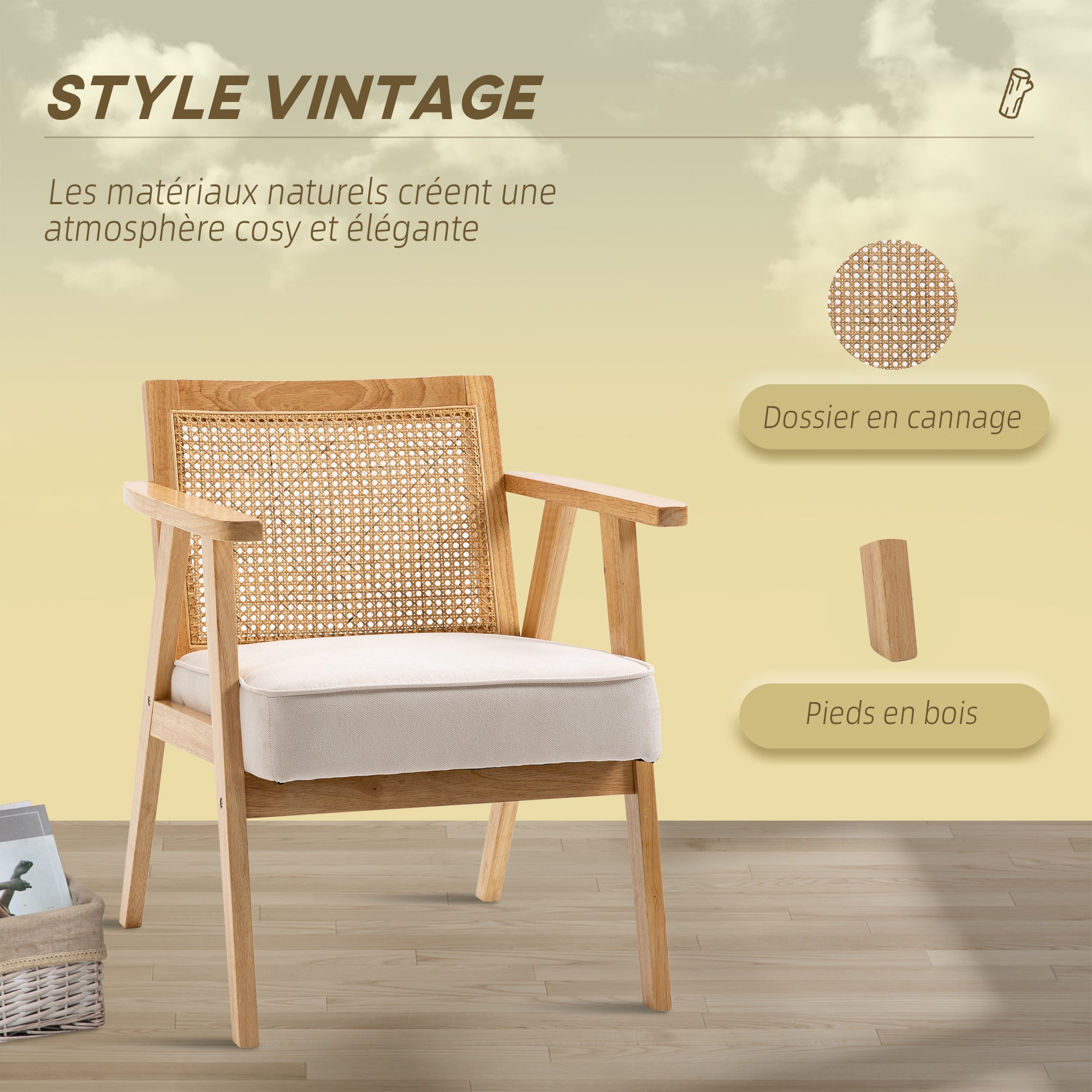 Fauteuil de salon confortable Chaise en Rotin avec Coussin épais- Dossier en cannage - Assise Profonde  - Structure en Bois hévéa Aspect Lin Beige