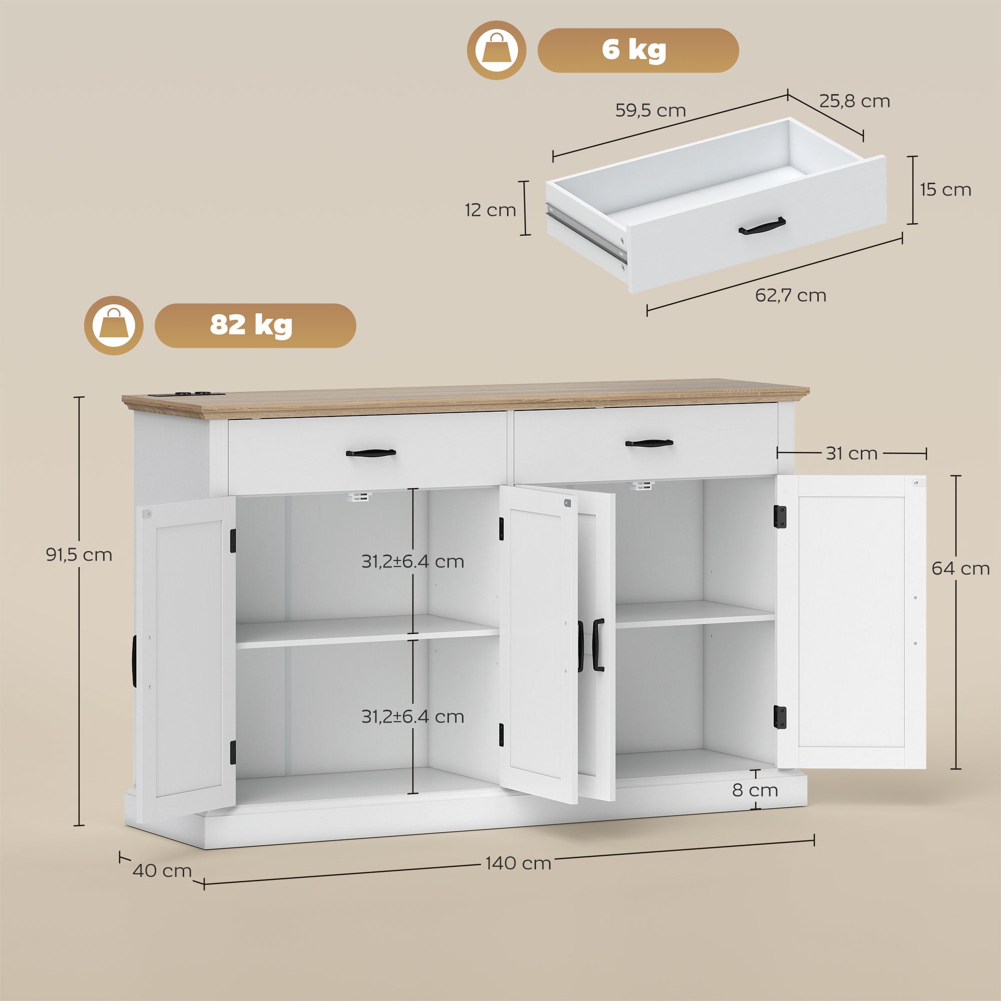 Buffet avec port USB et multiprise, meuble de rangement avec 2 placards à portes de grange, 2 tiroirs et étagères réglables, buffet salle à manger et salon, 140 x 40 x 91,5 cm, blanc