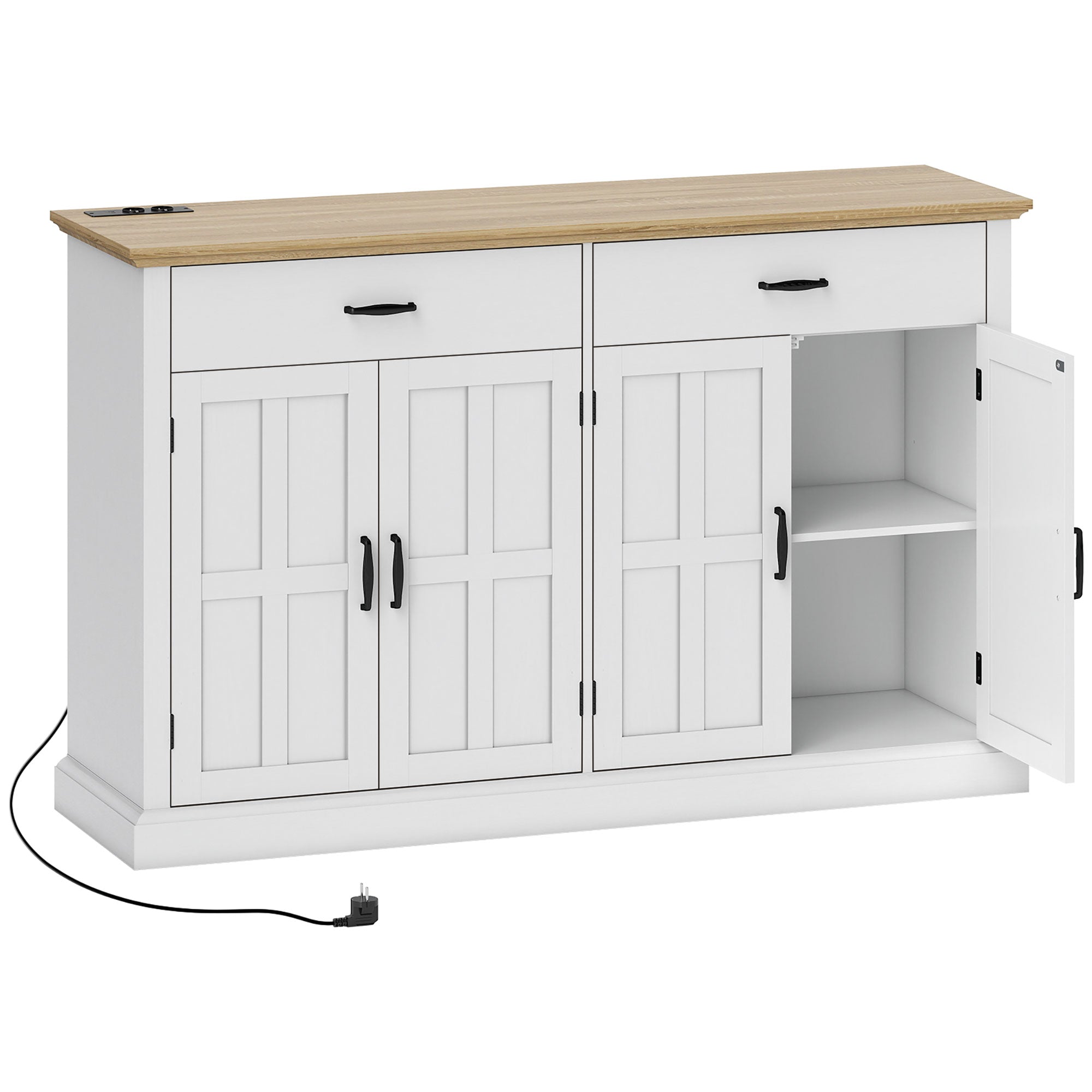 Buffet avec port USB et multiprise, meuble de rangement avec 2 placards à portes de grange, 2 tiroirs et étagères réglables, buffet salle à manger et salon, 140 x 40 x 91,5 cm, blanc