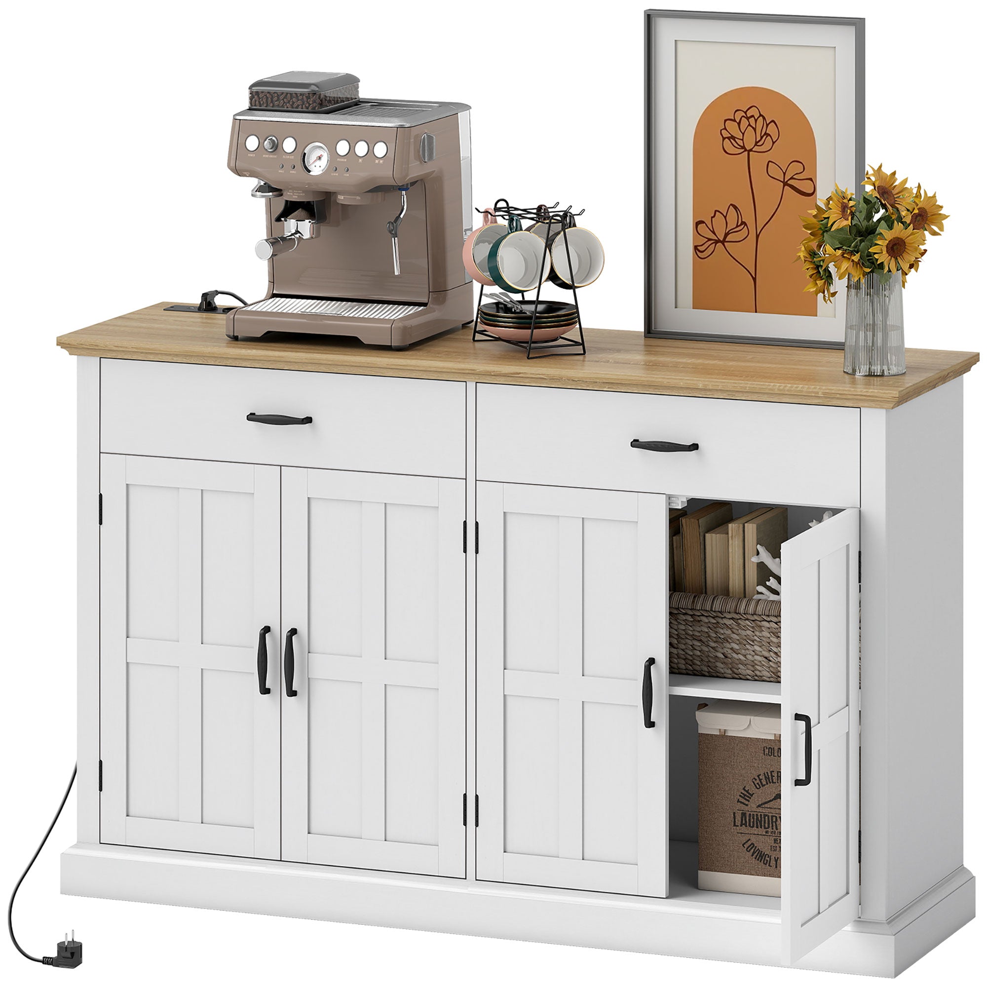 Buffet avec port USB et multiprise, meuble de rangement avec 2 placards à portes de grange, 2 tiroirs et étagères réglables, buffet salle à manger et salon, 140 x 40 x 91,5 cm, blanc