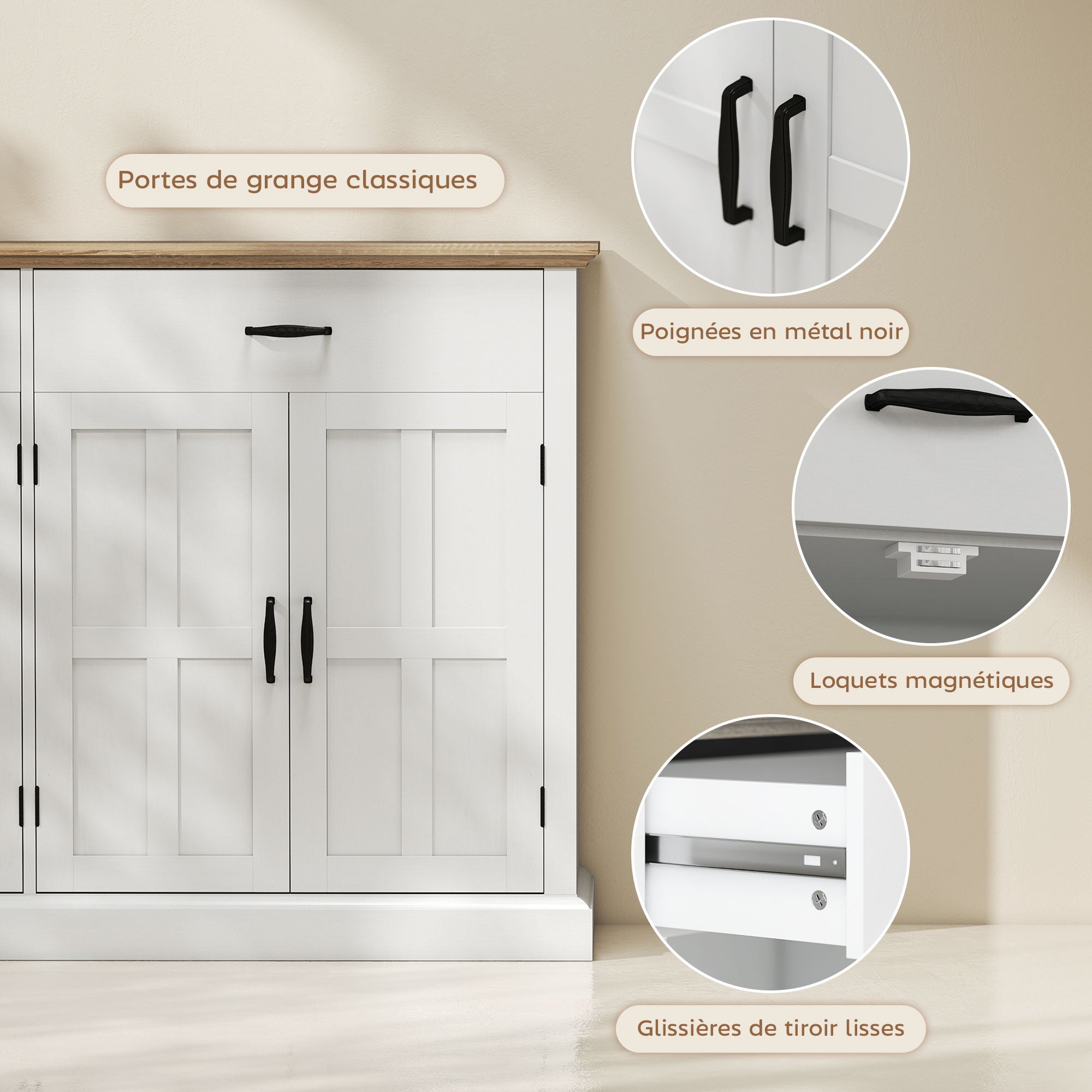 Buffet avec port USB et multiprise, meuble de rangement avec 2 placards à portes de grange, 2 tiroirs et étagères réglables, buffet salle à manger et salon, 140 x 40 x 91,5 cm, blanc