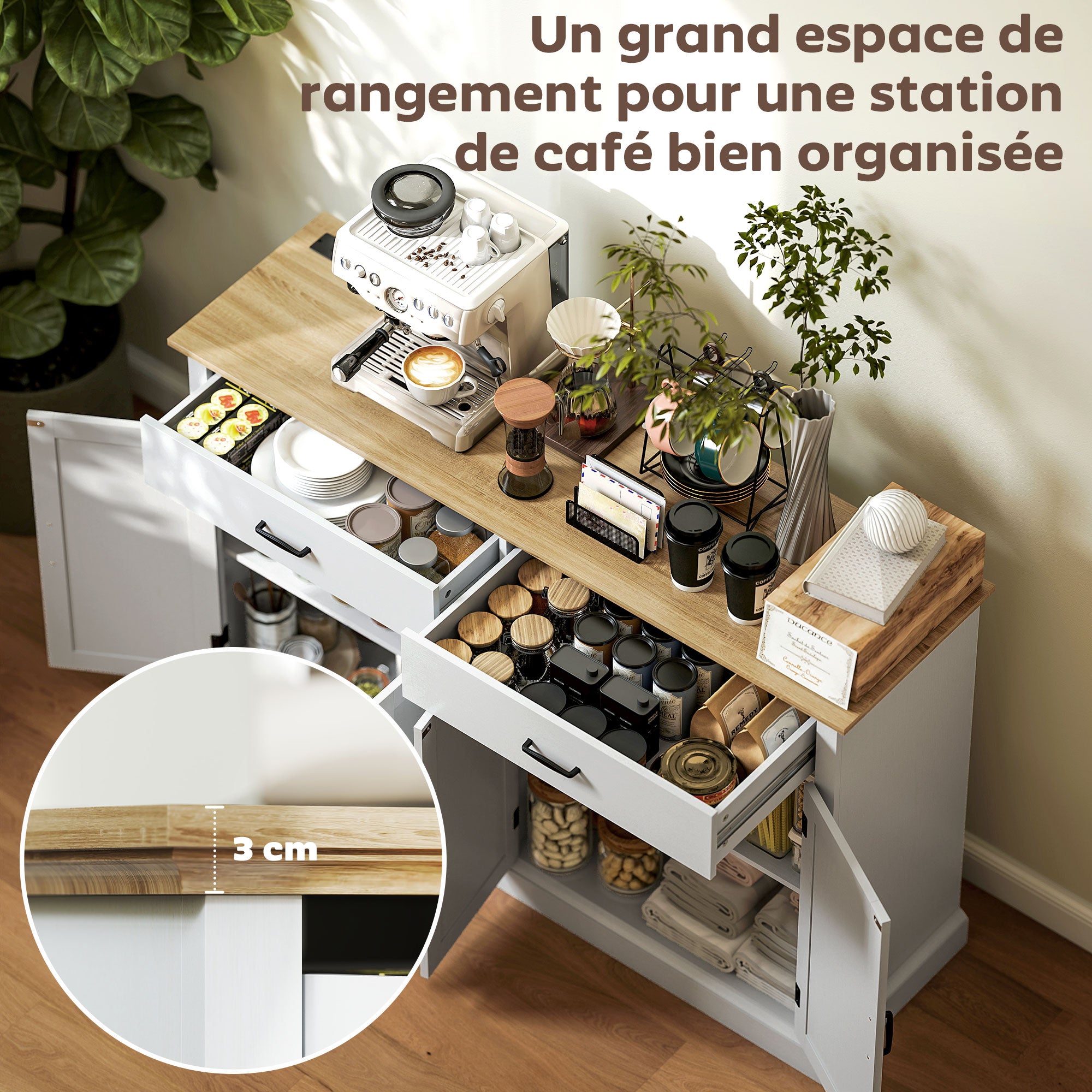 Buffet avec port USB et multiprise, meuble de rangement avec 2 placards à portes de grange, 2 tiroirs et étagères réglables, buffet salle à manger et salon, 140 x 40 x 91,5 cm, blanc