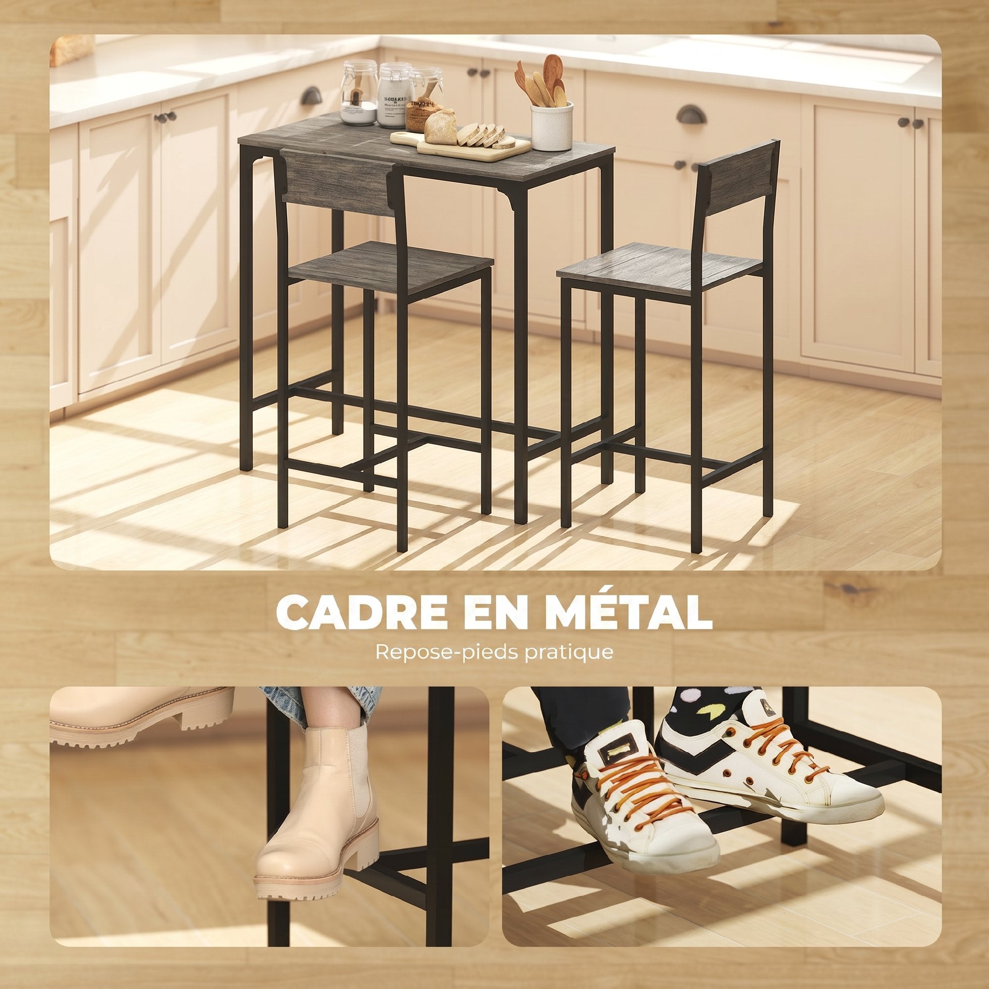 Ensemble table de bar avec tabourets, table à manger debout avec 2 chaises de bar, repose-pieds et dossiers, style industriel, cadre en métal, pour cuisine, salle à manger et salon, gris