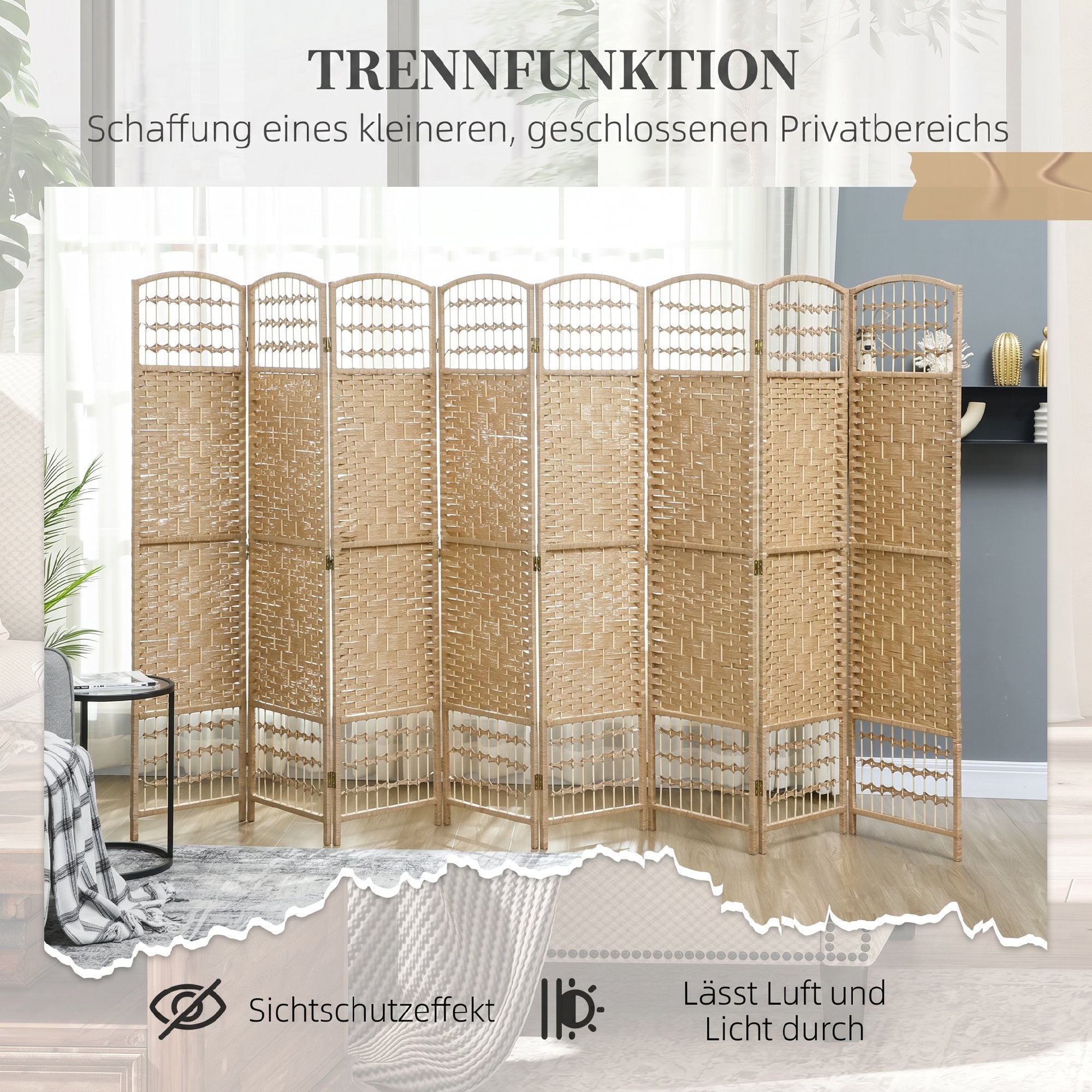 Paravent en bois 320 x 170 cm séparateur de pièce pliable 8 panneaux cloison de séparation chambre à coucher maison intérieur bois naturel