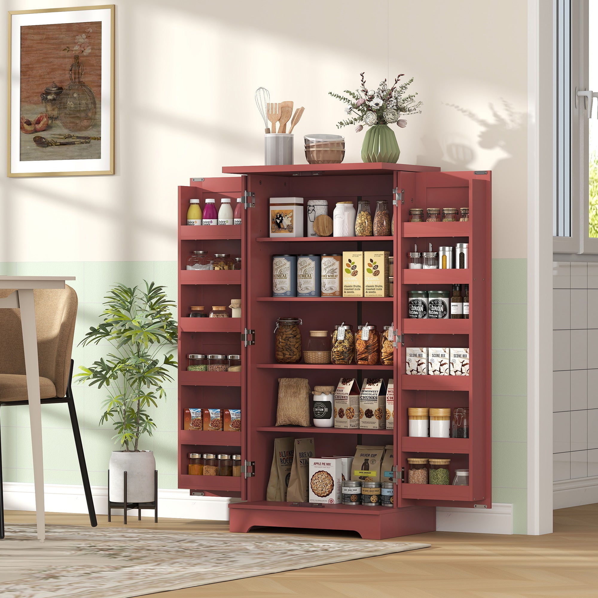 Buffet cuisine, armoire de cuisine, vaisselier, 5 niveaux, avec portes et étagères réglables, 60 x 40 x 120 cm, grain de bois, rouge