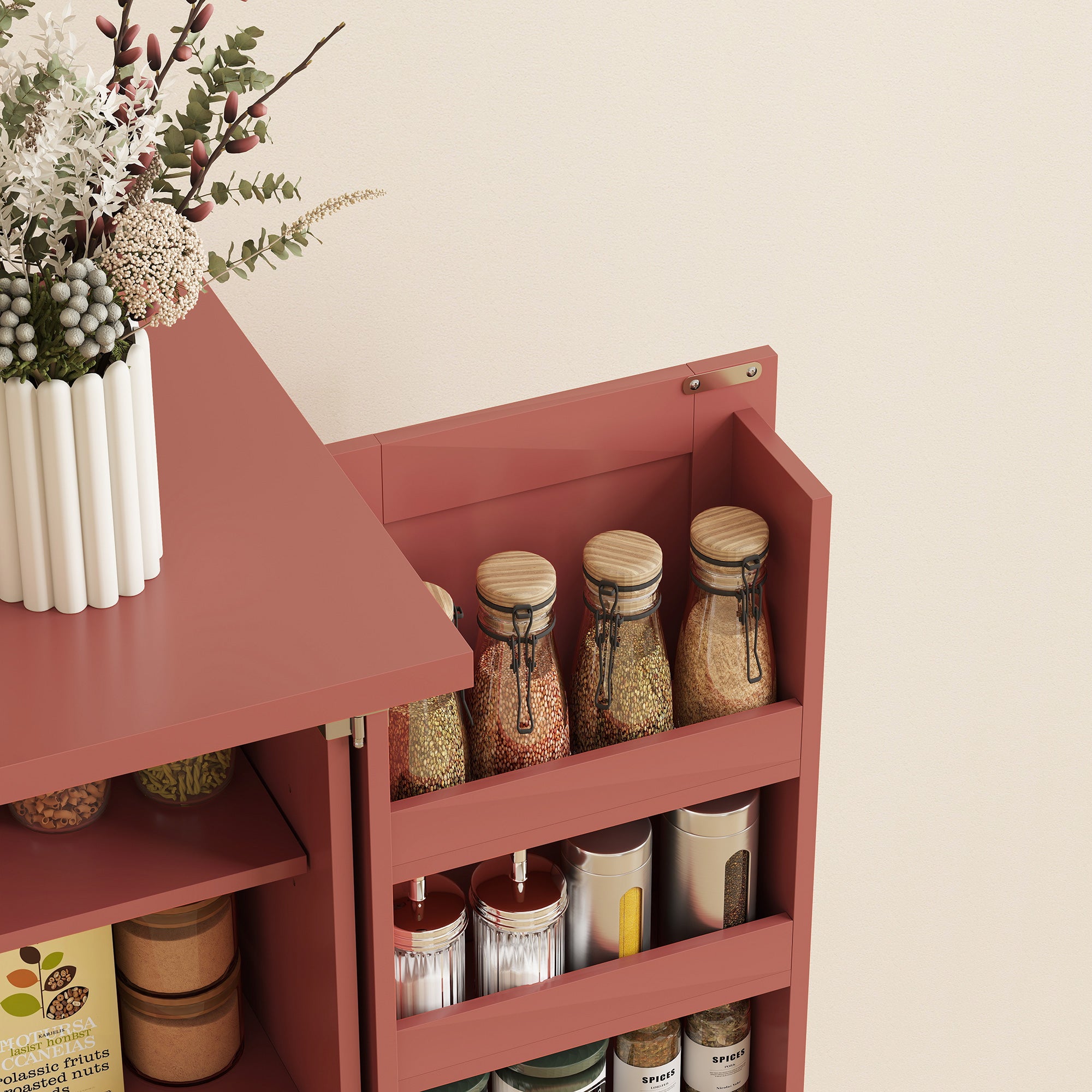 Buffet cuisine, armoire de cuisine, vaisselier, 5 niveaux, avec portes et étagères réglables, 60 x 40 x 120 cm, grain de bois, rouge