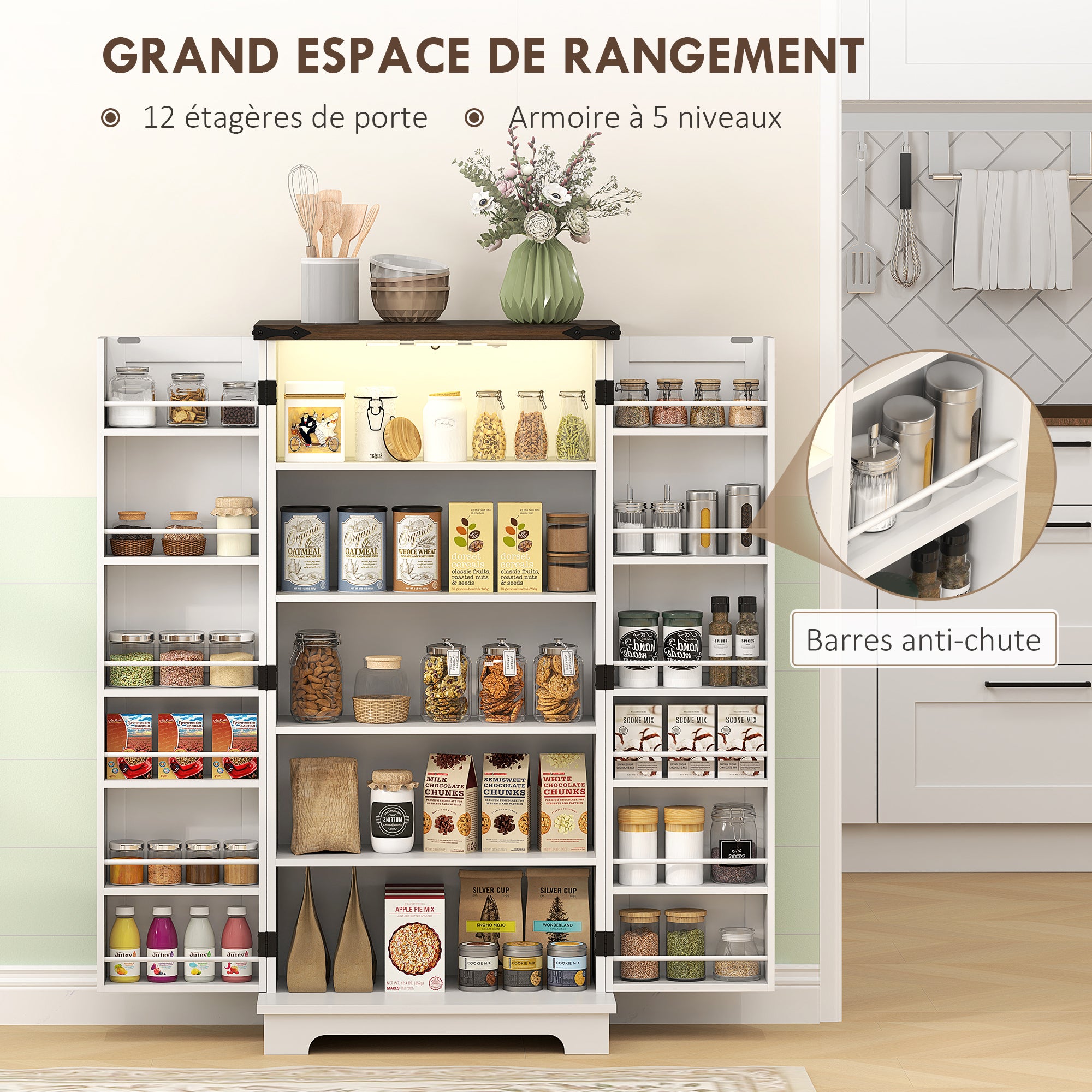 Buffet cuisine, meuble cuisine rangement, vaisselier avec 12 étagères à portes, lumière LED magnétique, double porte de grange, pour salle à manger, salon, 60 x 40 x 120 cm, blanc