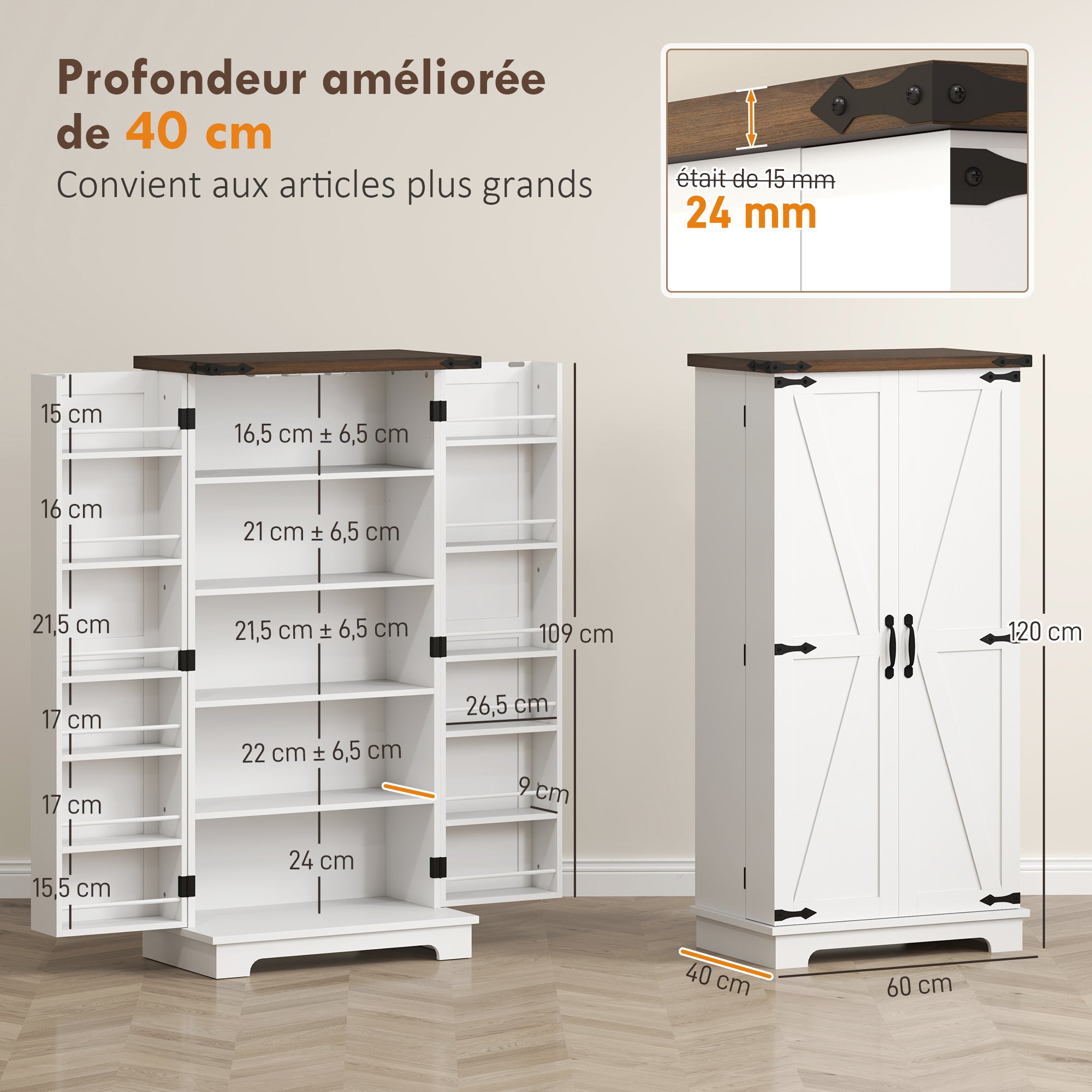 Buffet cuisine, meuble cuisine rangement, vaisselier avec 12 étagères à portes, lumière LED magnétique, double porte de grange, pour salle à manger, salon, 60 x 40 x 120 cm, blanc