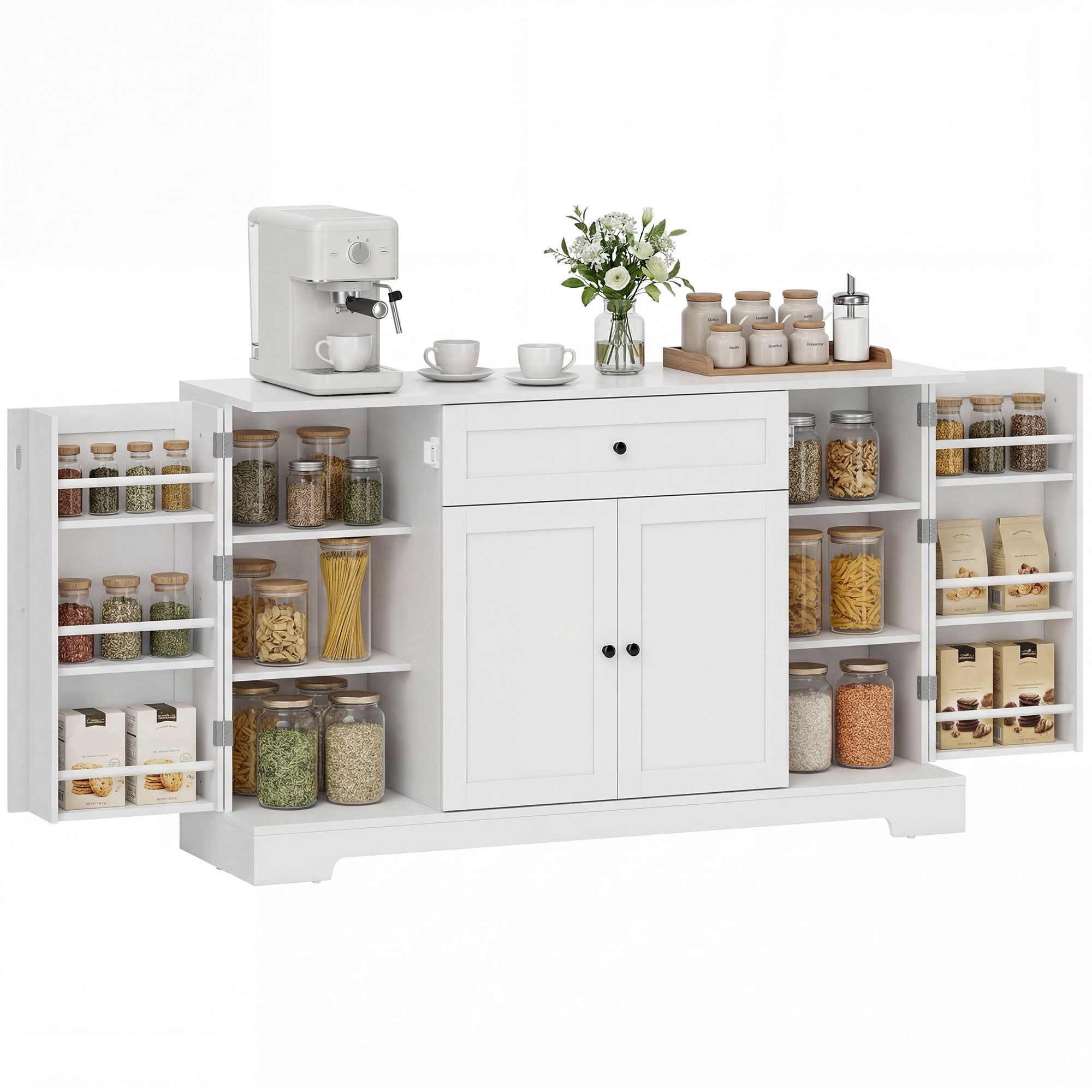 Buffet Cuisine, Meuble de Rangement avec Tiroir, 4 Portes à Fermeture Douce, Racks-Porte et Étagères Réglables, Meuble TV Jusqu'à 65 Pouces, pour Salon et Salle à Manger, 140x40x80cm, Blanc