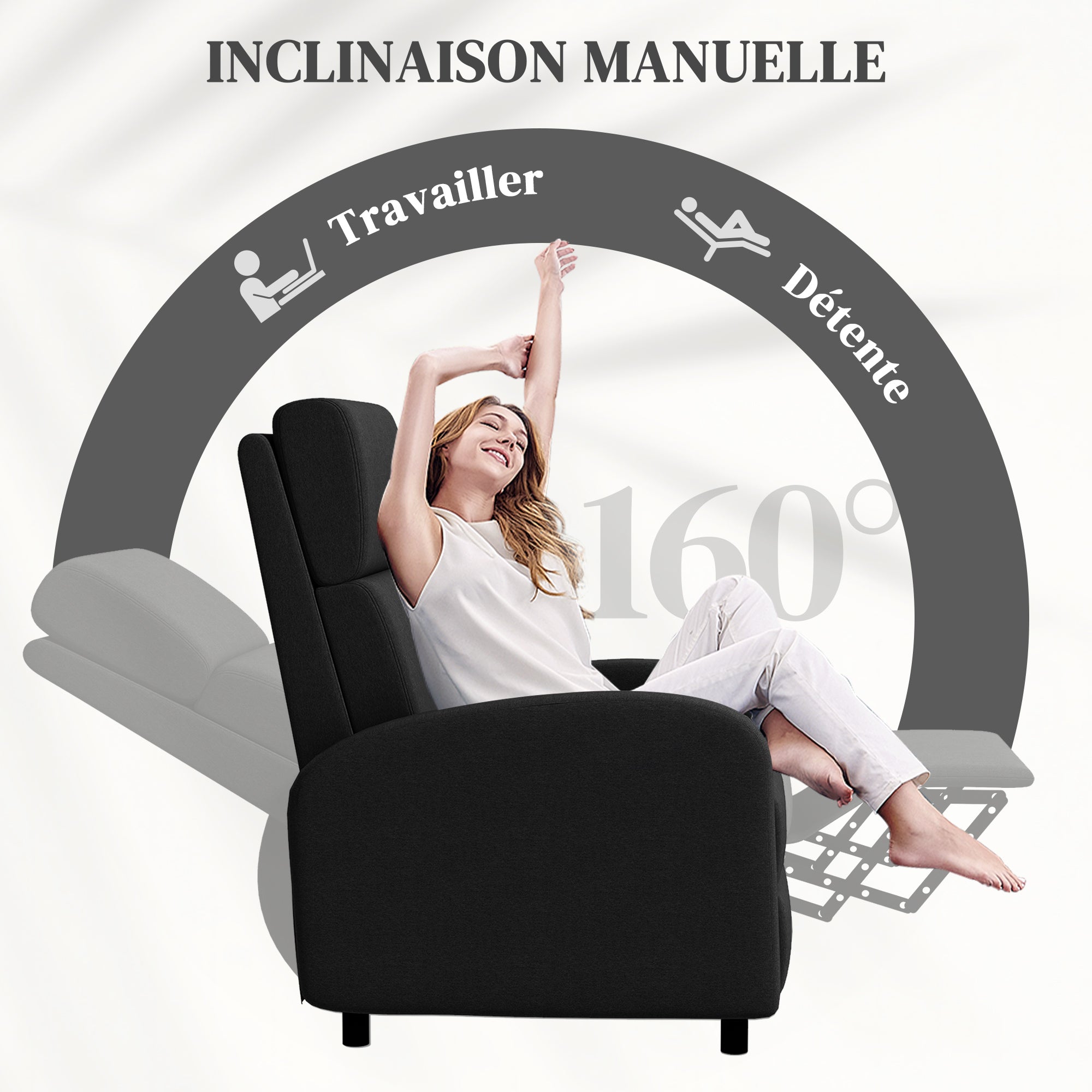 Fauteuil relax fauteuil de relaxation inclinable salon avec dossier réglable jusqu'à 160° manuellement, repose-pieds intégré pour salon chambre bureau home cinéma, charge 120 kg, noir
